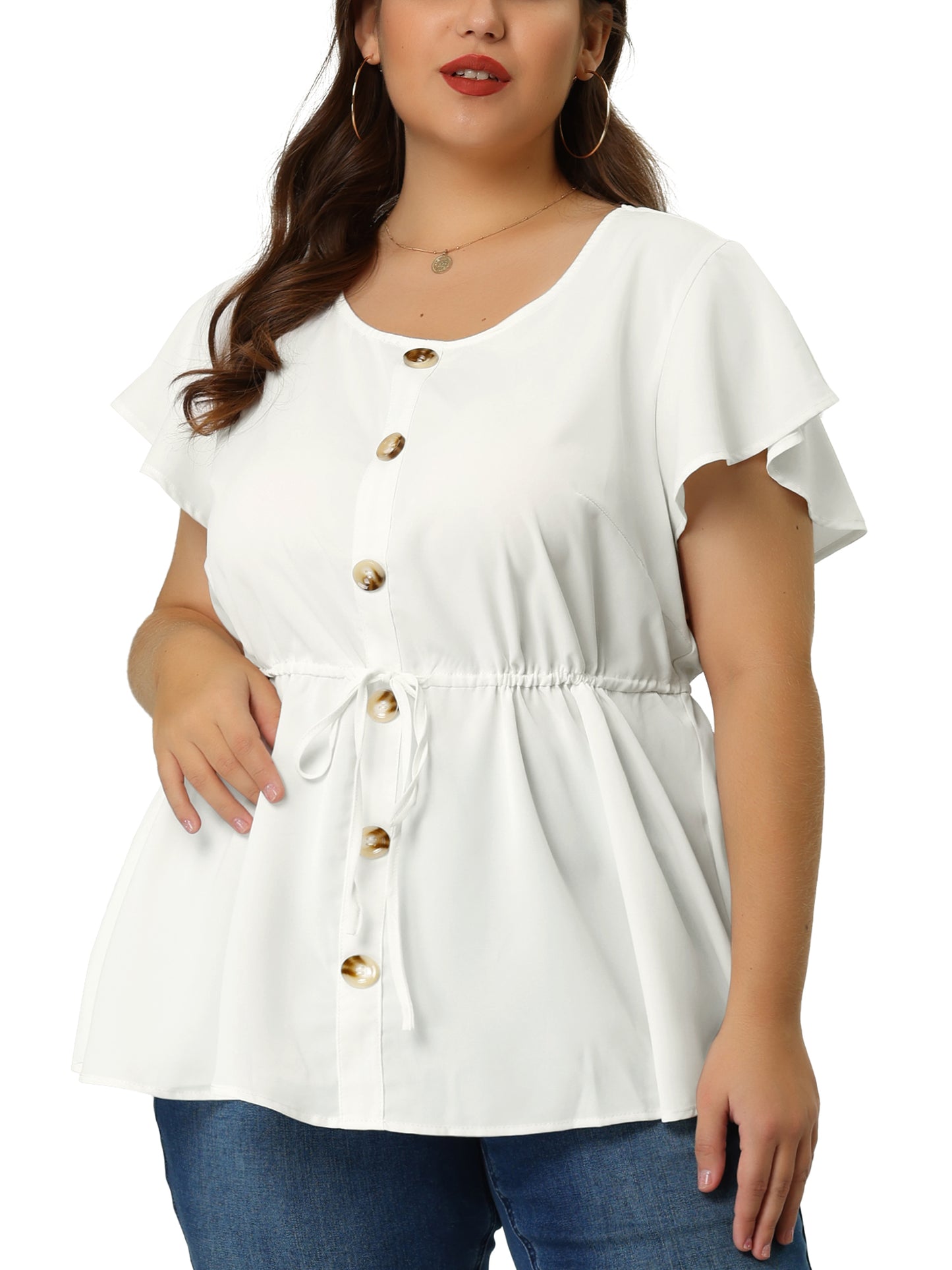 Women Button Decor Drawstring Waist Flare Sleeve Plus Size Peplum Blouse