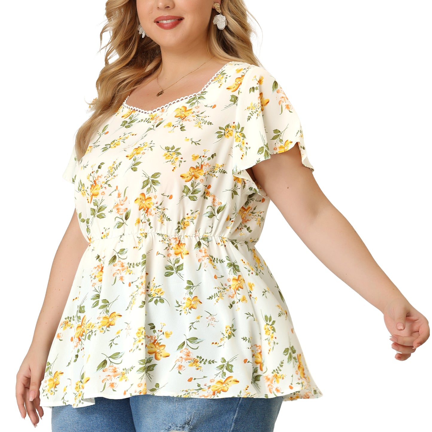 Women Plus Size Peplum Top Flare Short Sleeve Sweetheart Neck Summer Floral Blouse