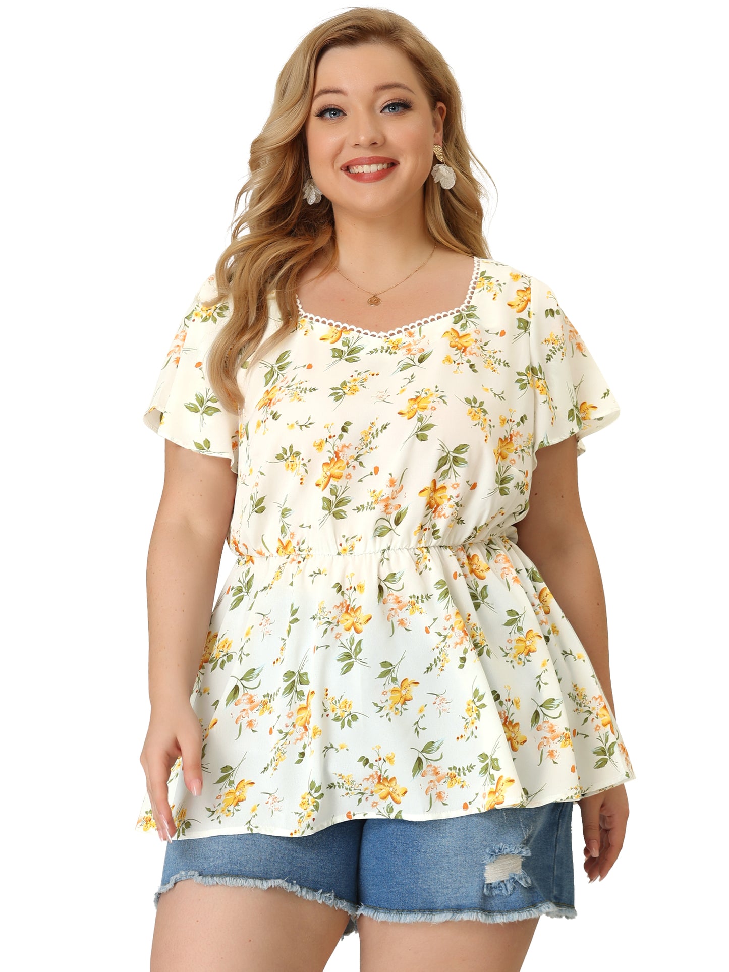 Women Plus Size Peplum Top Flare Short Sleeve Sweetheart Neck Summer Floral Blouse