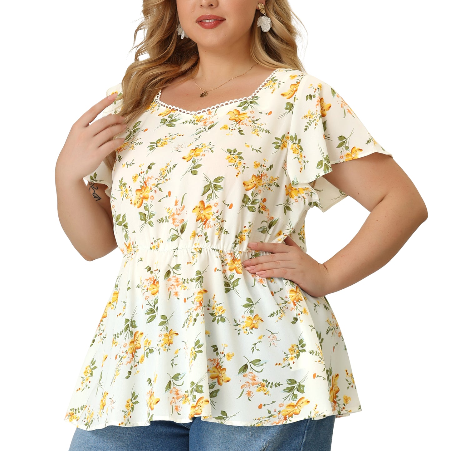 Women Plus Size Peplum Top Flare Short Sleeve Sweetheart Neck Summer Floral Blouse