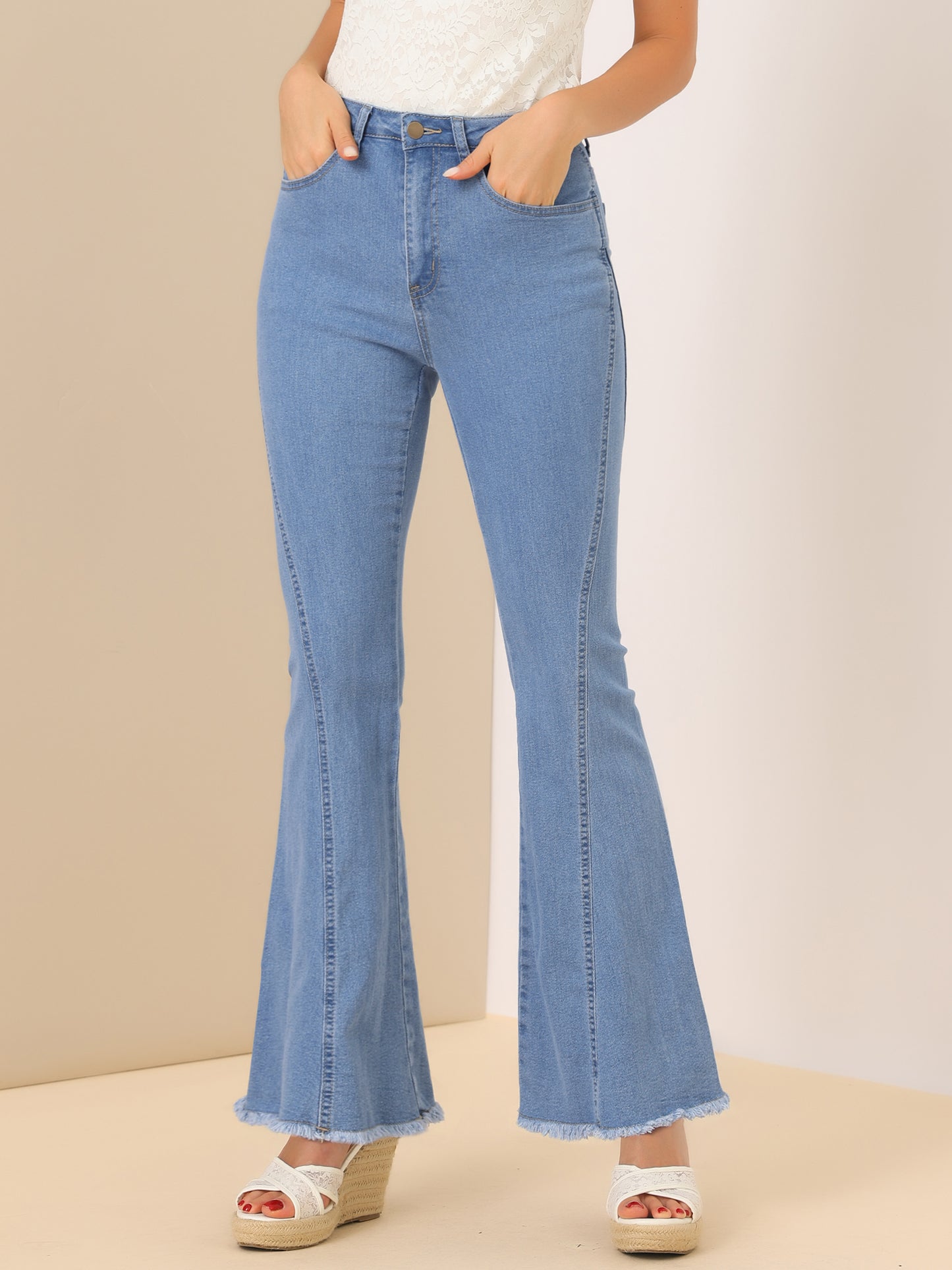 Women's 70s Vintage Flare Jeans High Waist Stretch Denim Bell Bottoms Jeans
