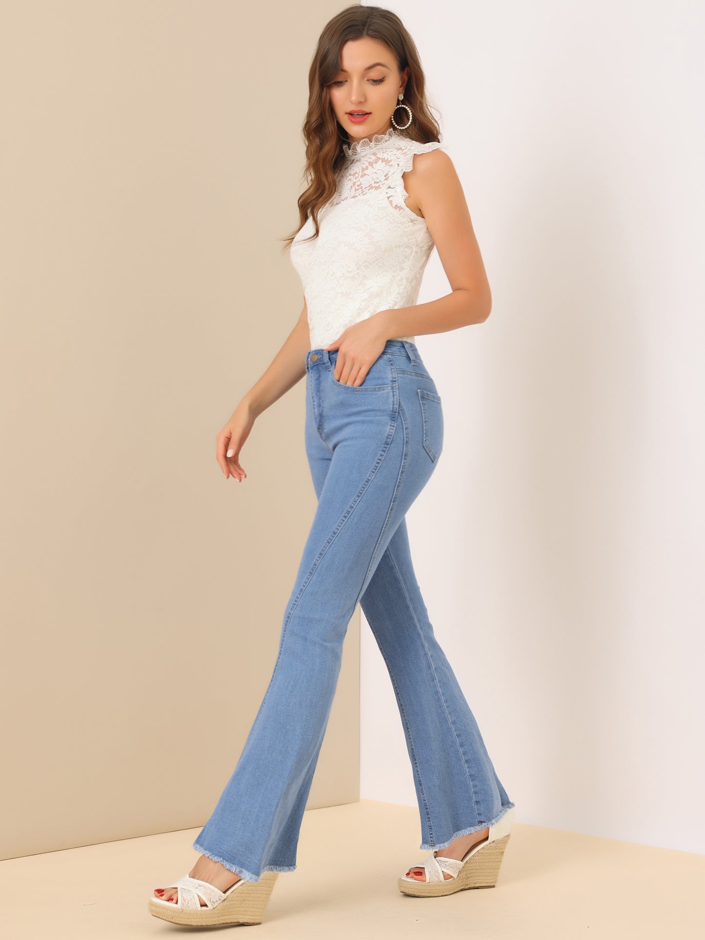 Women's 70s Vintage Flare Jeans High Waist Stretch Denim Bell Bottoms Jeans