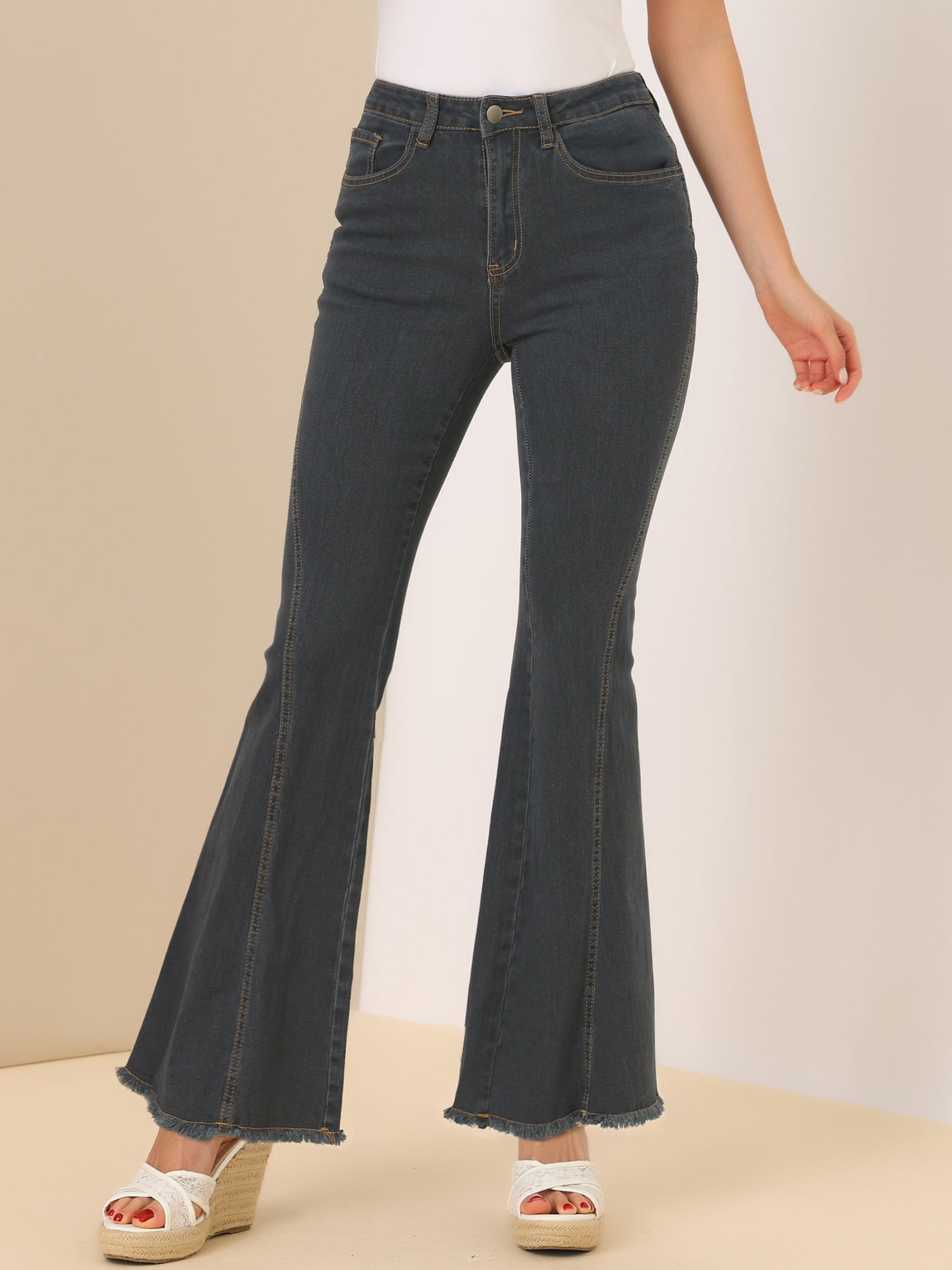 Women's 70s Vintage Flare Jeans High Waist Stretch Denim Bell Bottoms Jeans
