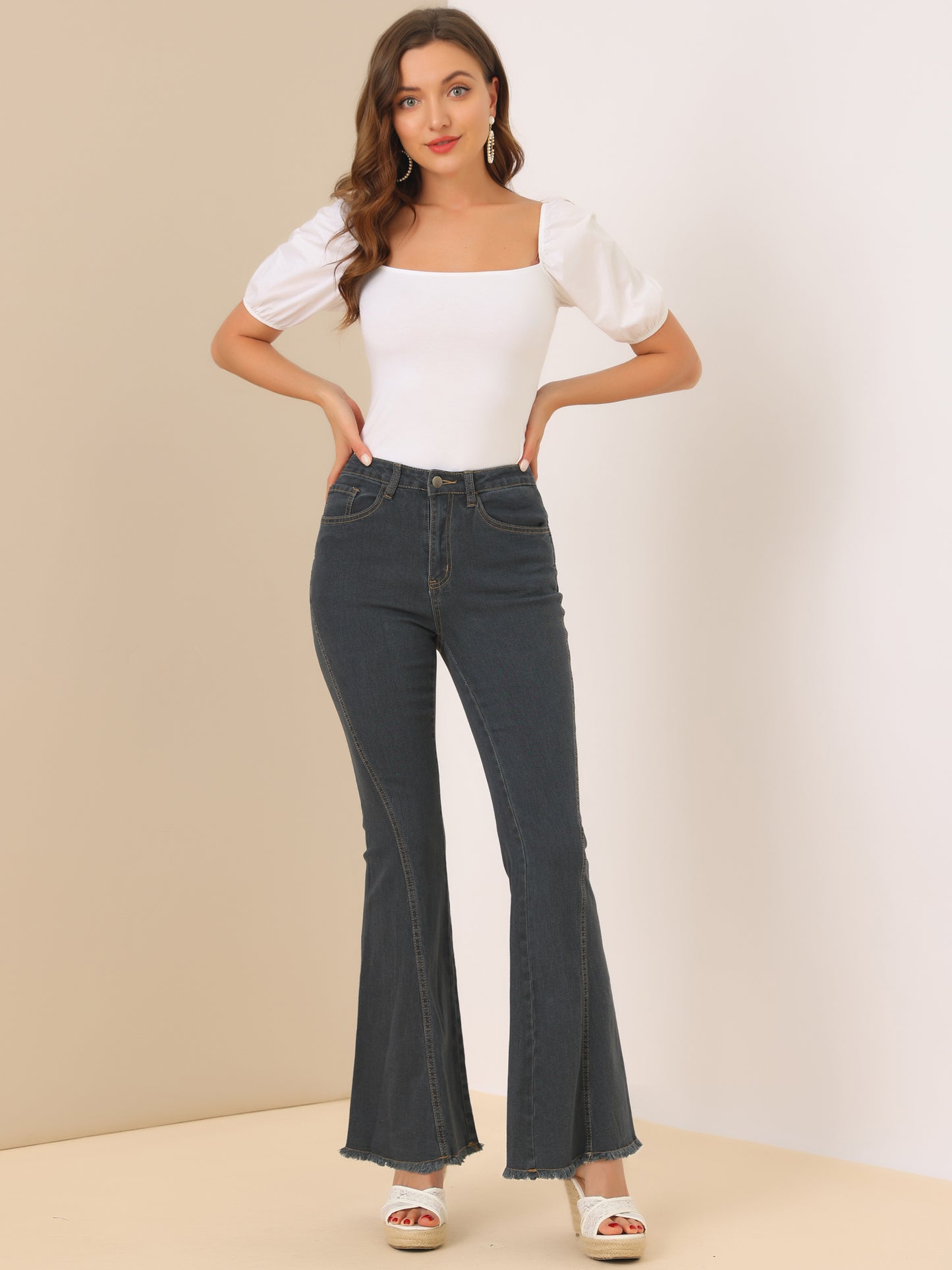 Women's 70s Vintage Flare Jeans High Waist Stretch Denim Bell Bottoms Jeans