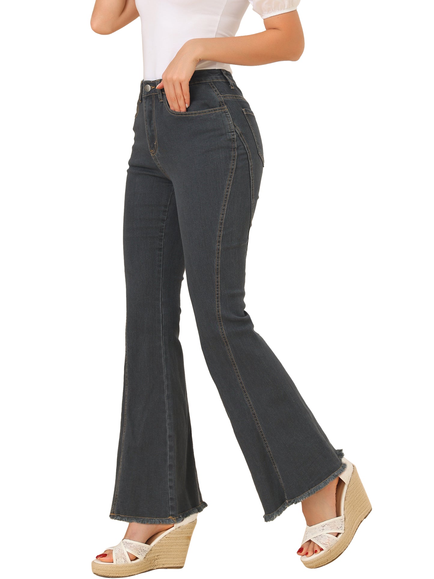 Women's 70s Vintage Flare Jeans High Waist Stretch Denim Bell Bottoms Jeans