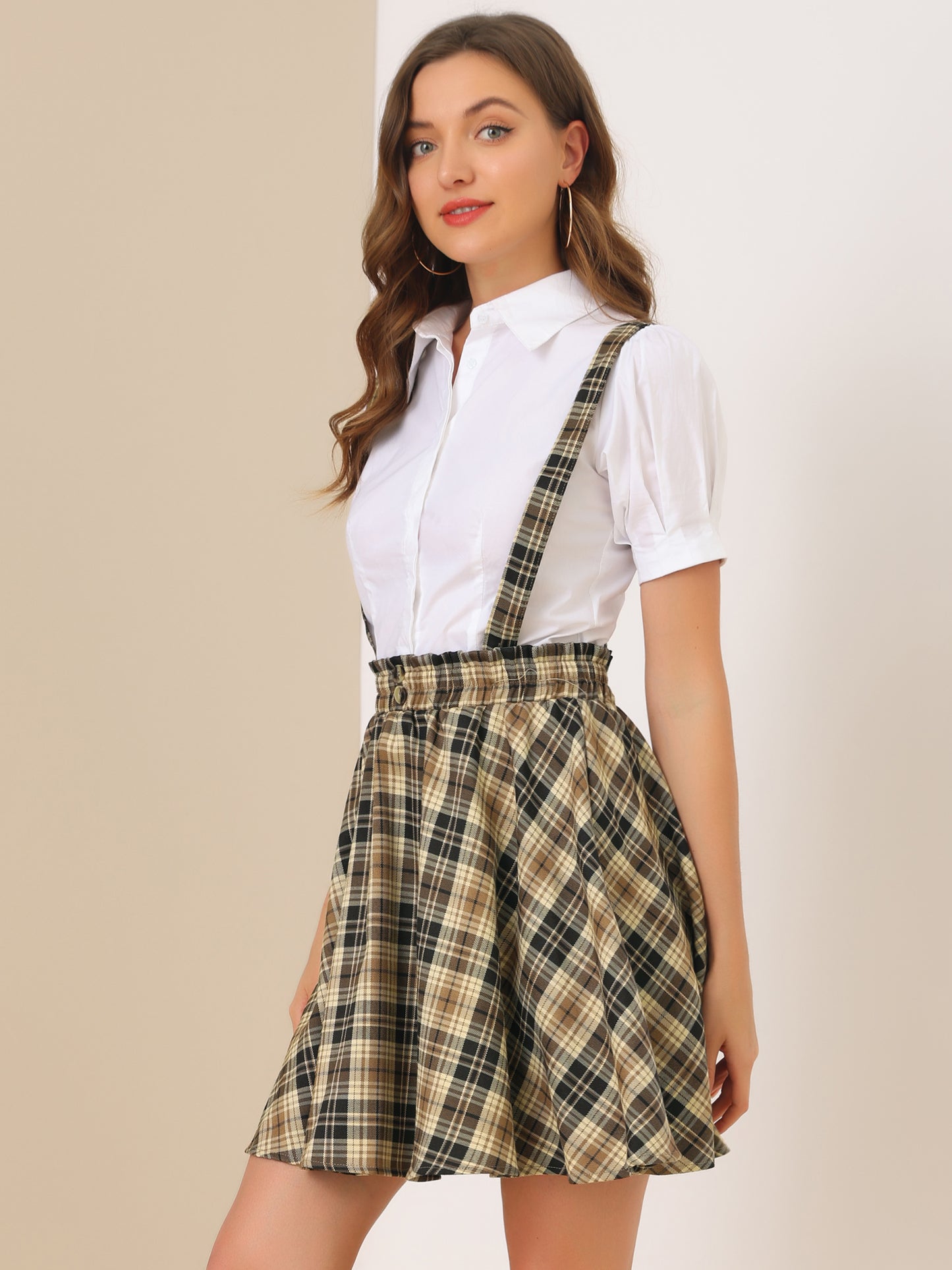 Women's Tartan Plaid Button Decor Flare Skater Suspender Skirt