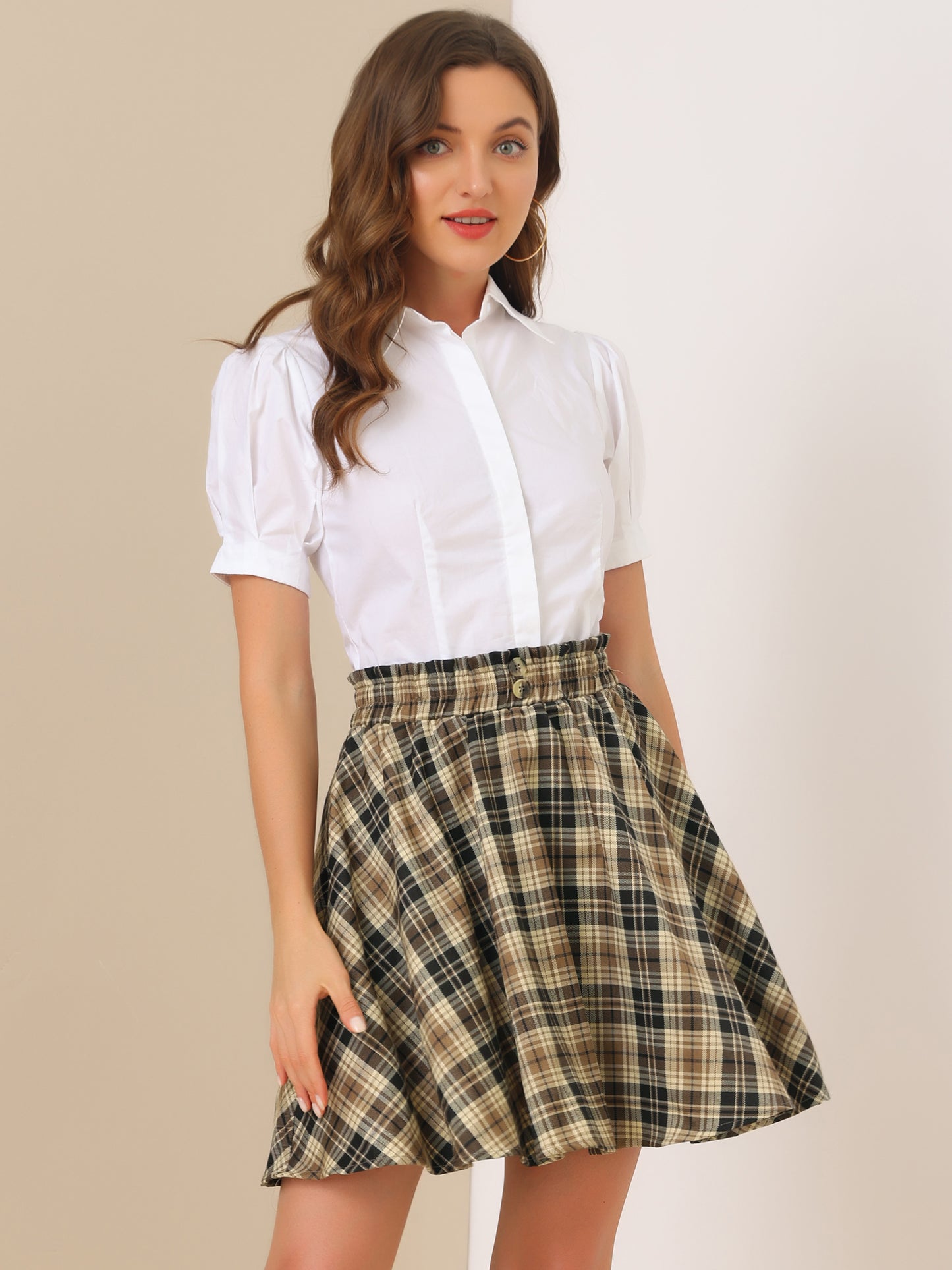 Women's Tartan Plaid Button Decor Flare Skater Suspender Skirt