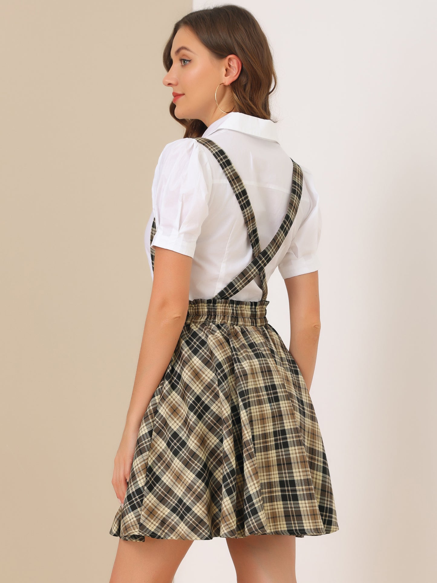 Women's Tartan Plaid Button Decor Flare Skater Suspender Skirt
