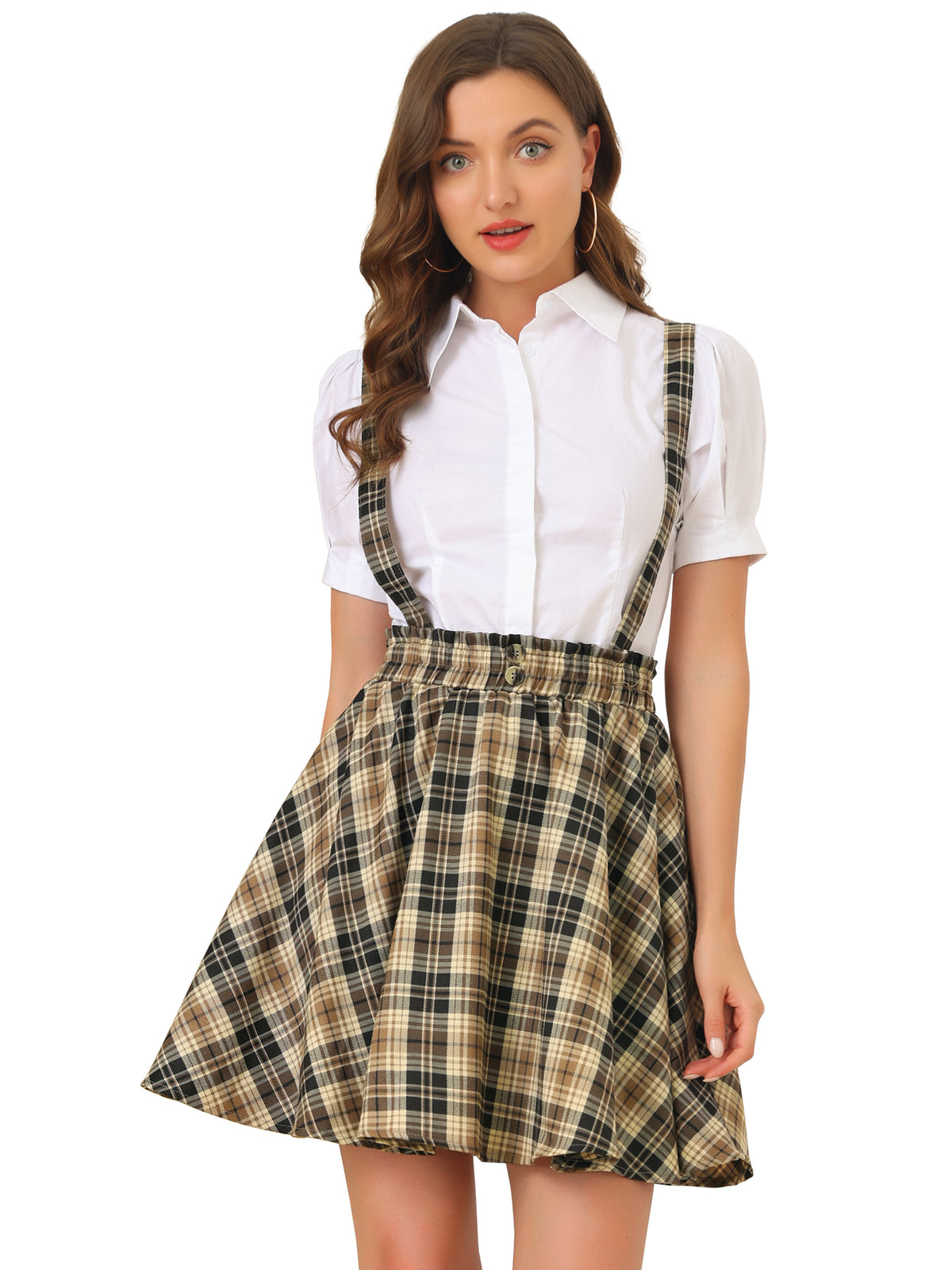 Women's Tartan Plaid Button Decor Flare Skater Suspender Skirt