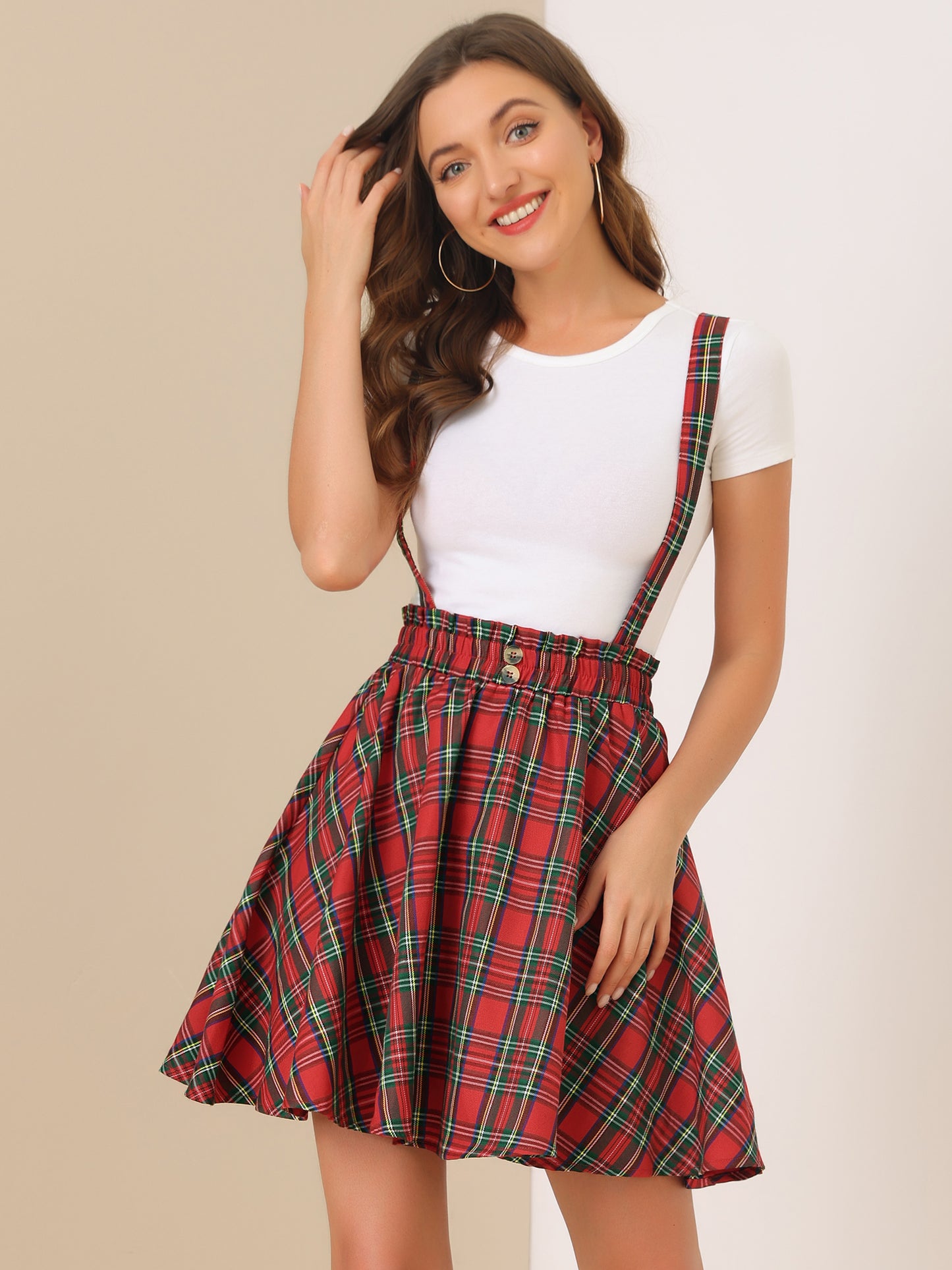 Women's Tartan Plaid Button Decor Flare Skater Suspender Skirt