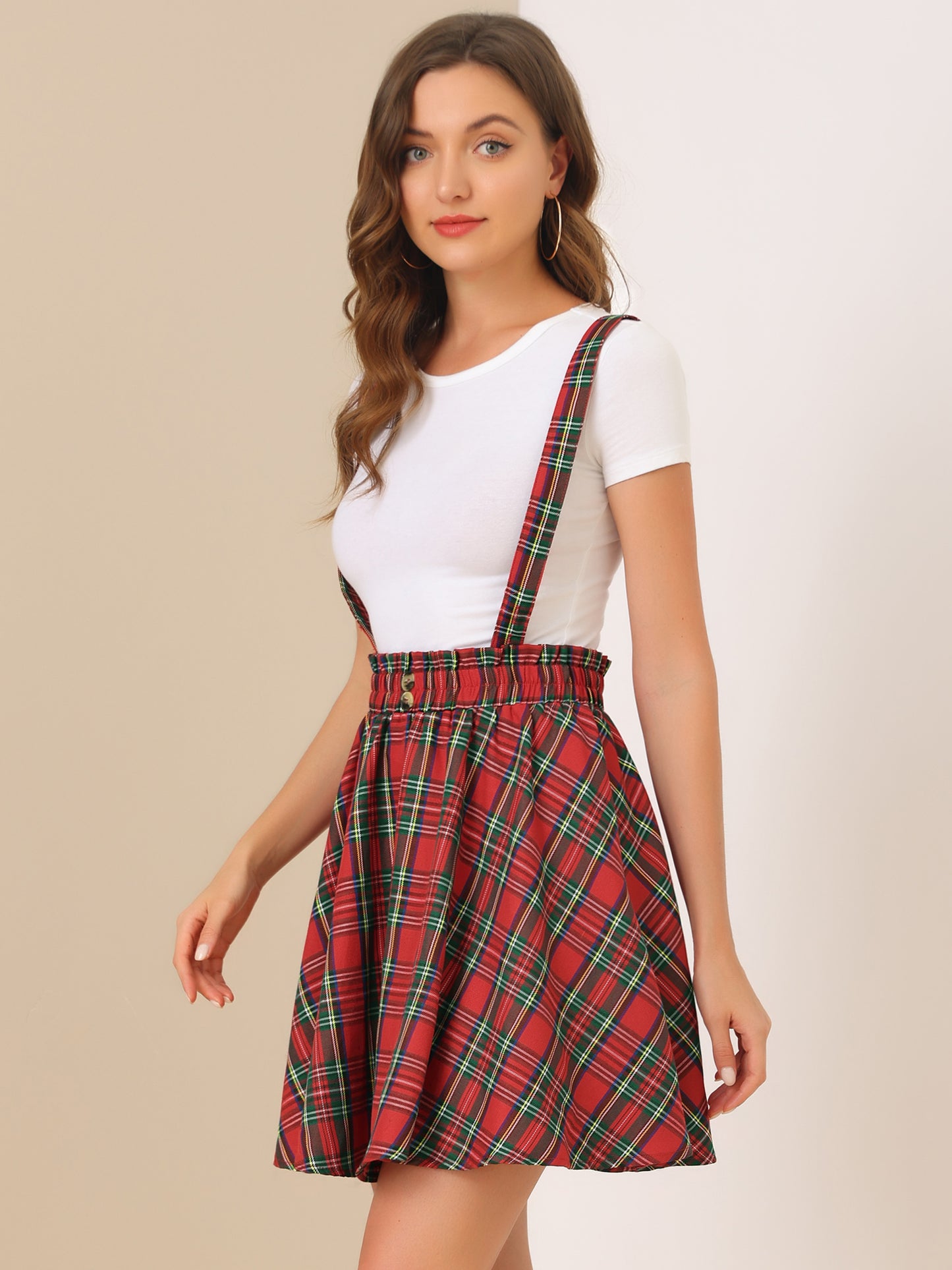 Women's Tartan Plaid Button Decor Flare Skater Suspender Skirt