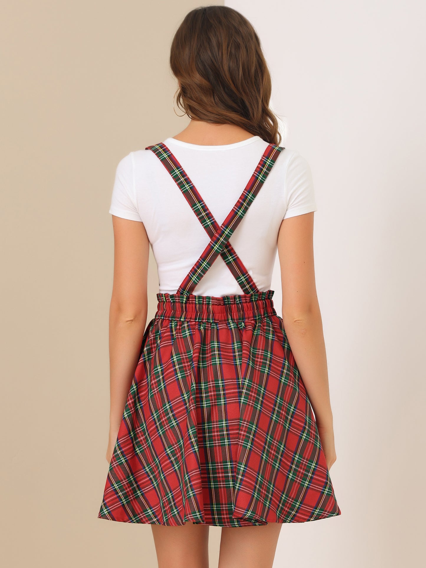 Women's Tartan Plaid Button Decor Flare Skater Suspender Skirt