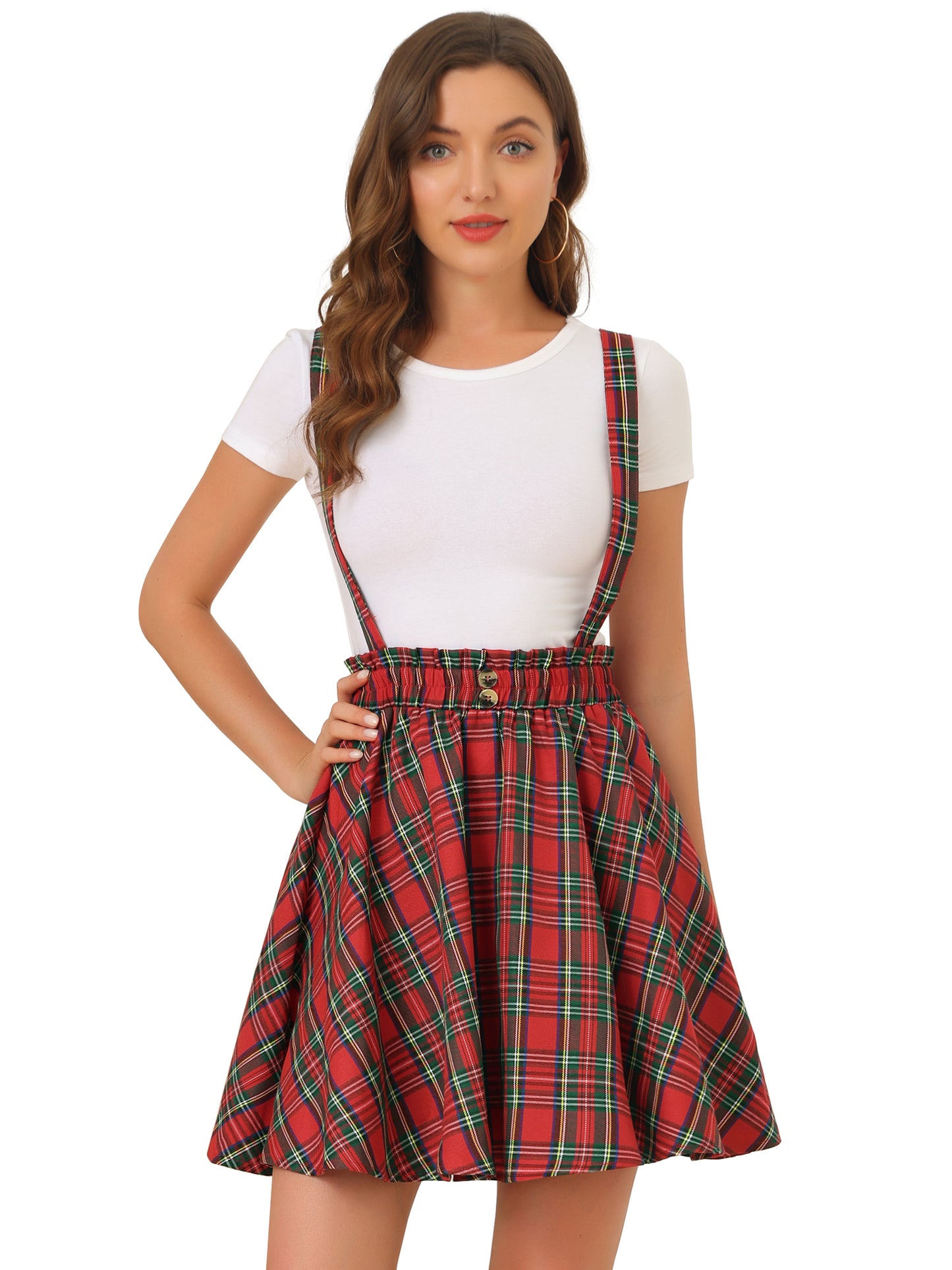 Women's Tartan Plaid Button Decor Flare Skater Suspender Skirt