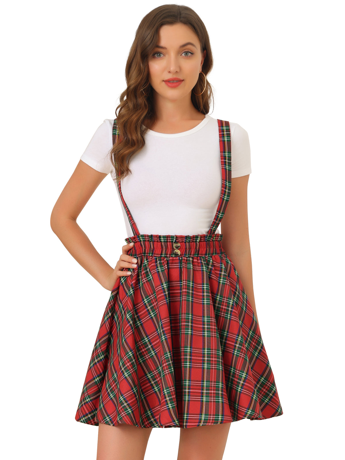 Women's Tartan Plaid Button Decor Flare Skater Suspender Skirt