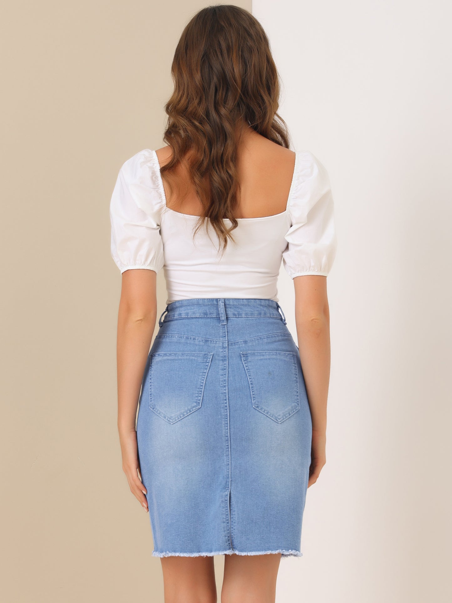 Women's Basic Distressed High Waist Ripped Hem Washed Jeans Denim Skirt (Available in Plus Size)