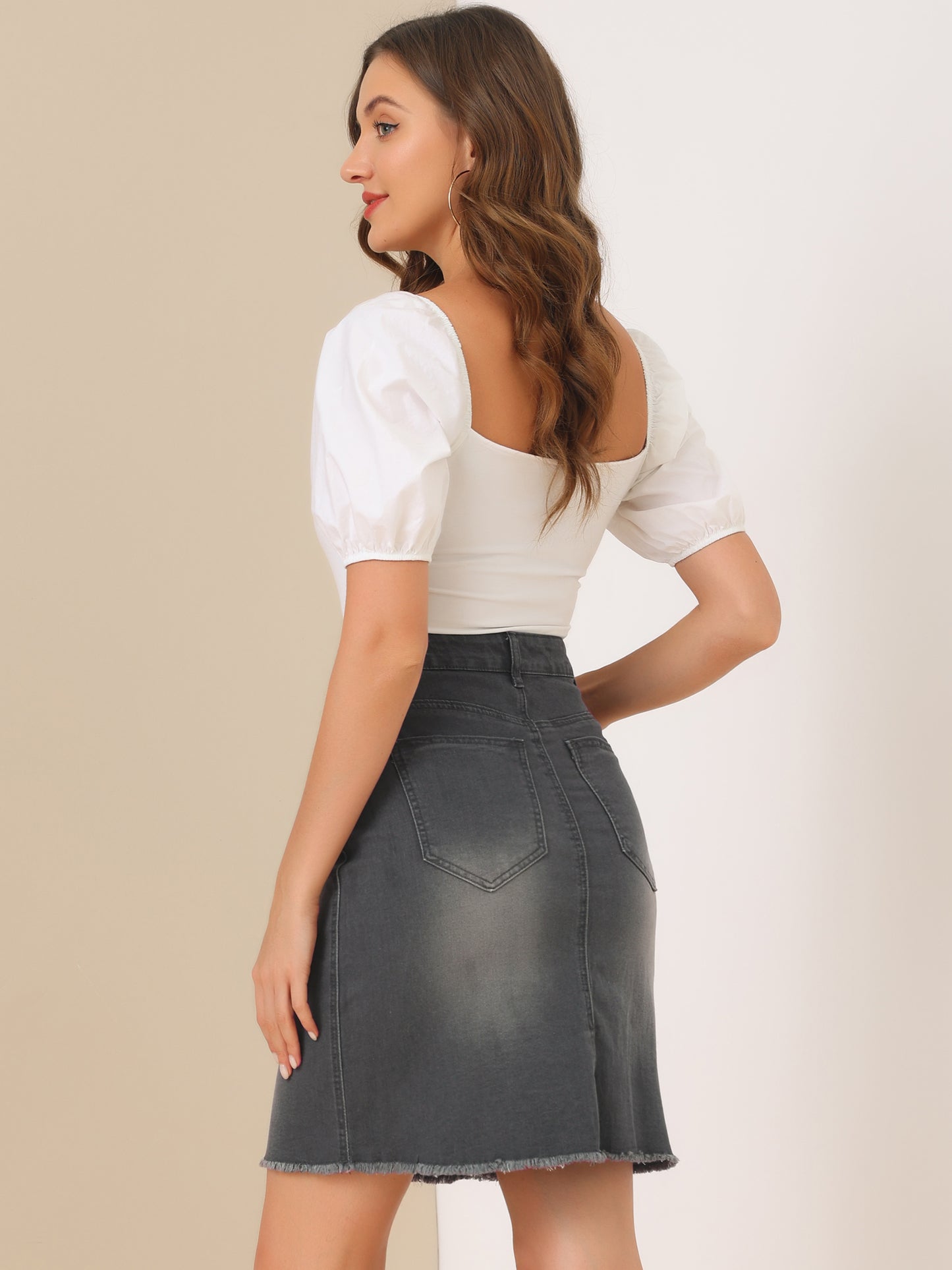 Falda vaquera básica desgastada con cintura alta y dobladillo rasgado para mujer