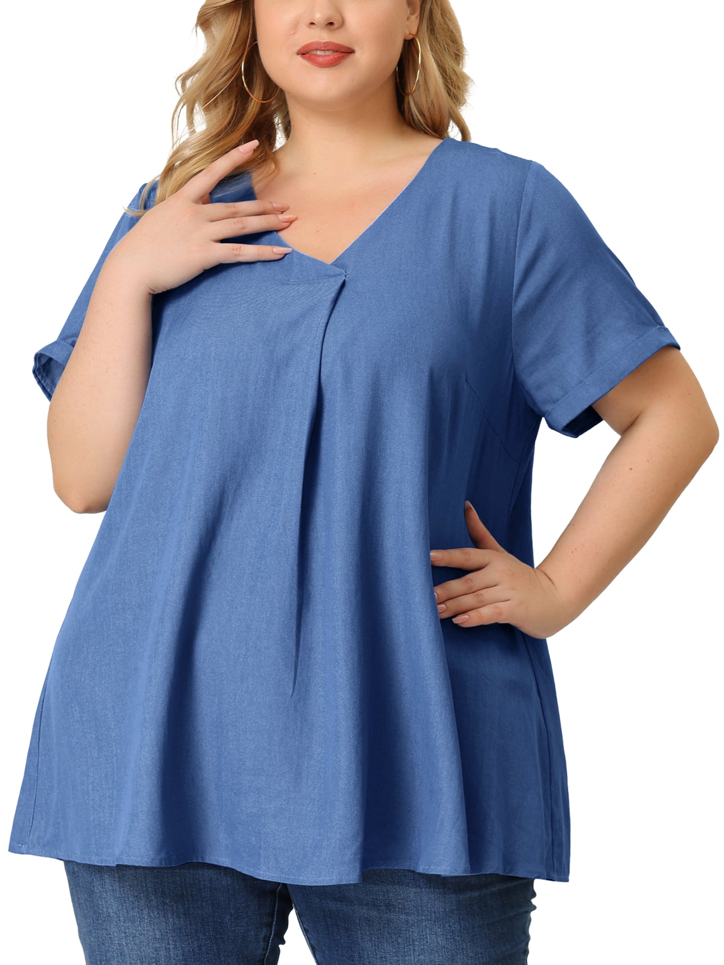 Women Plus Size Blouse Chambray Pleat Front V Neck Short Sleeve Work Shirt