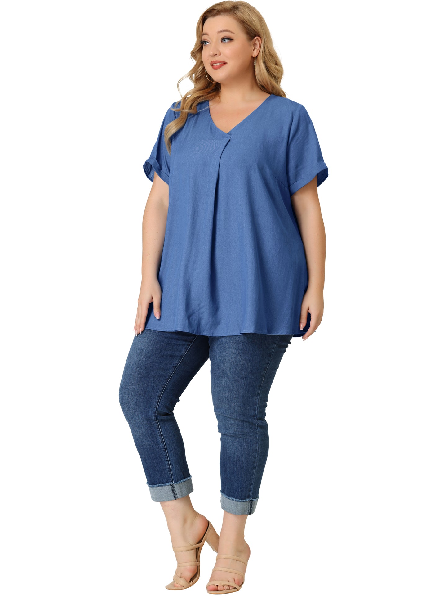 Women Plus Size Blouse Chambray Pleat Front V Neck Short Sleeve Work Shirt