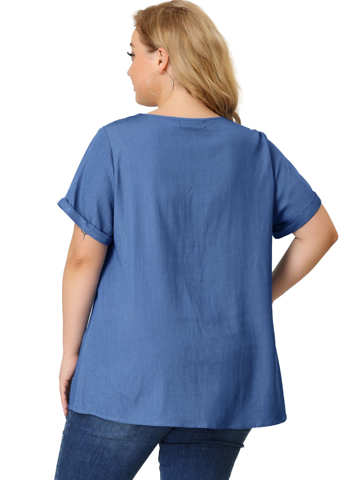 Women Plus Size Blouse Chambray Pleat Front V Neck Short Sleeve Work Shirt