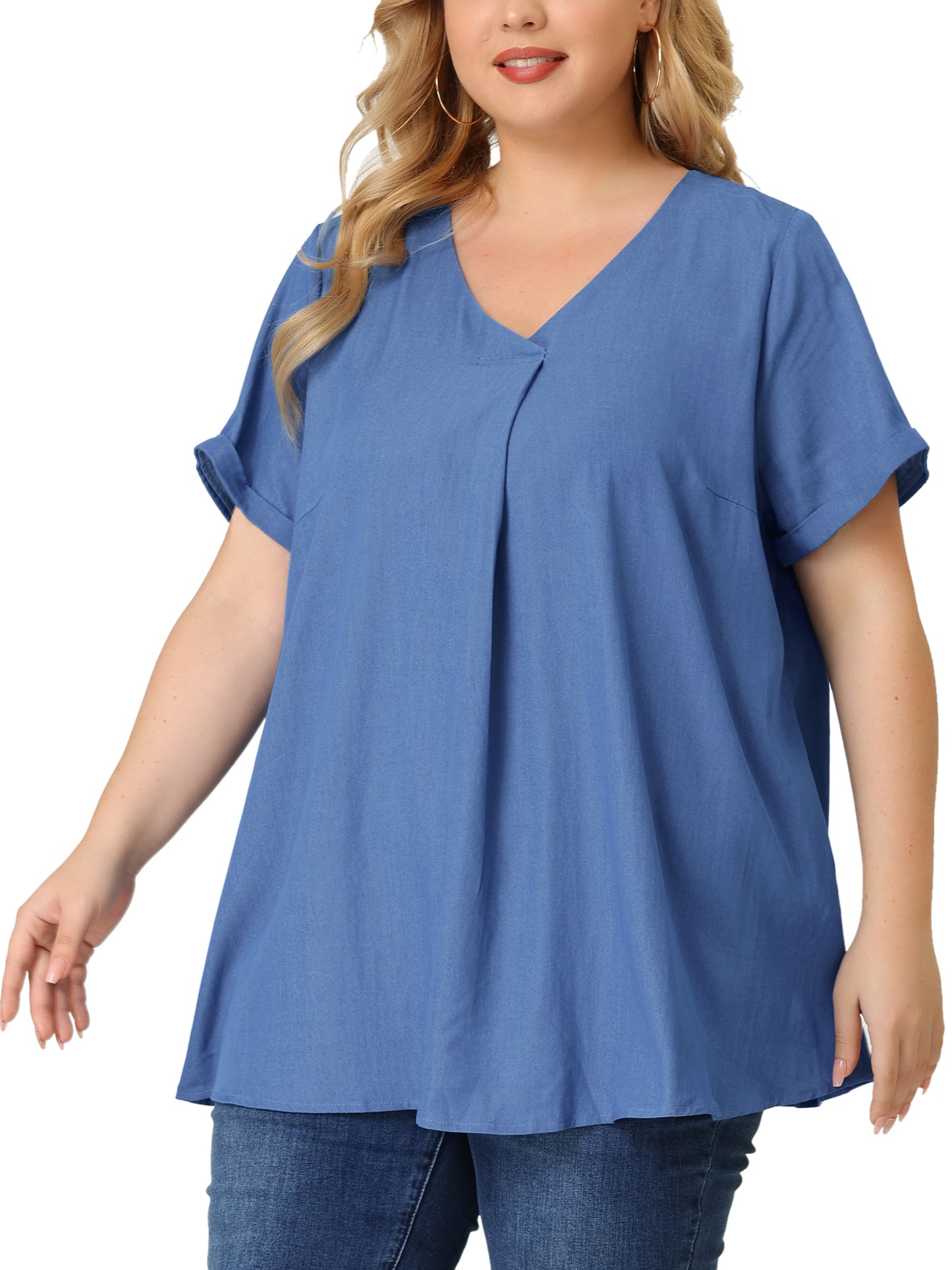 Women Plus Size Blouse Chambray Pleat Front V Neck Short Sleeve Work Shirt