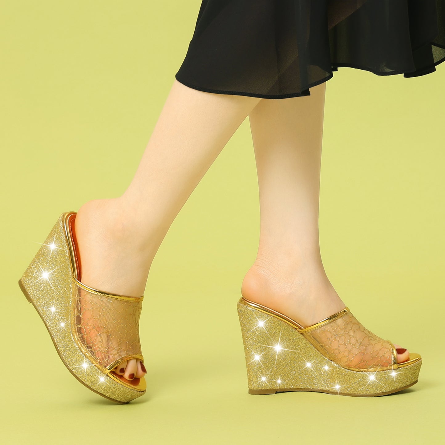 Women's Glitter Platform Wedges Slip On Wedge Sandals