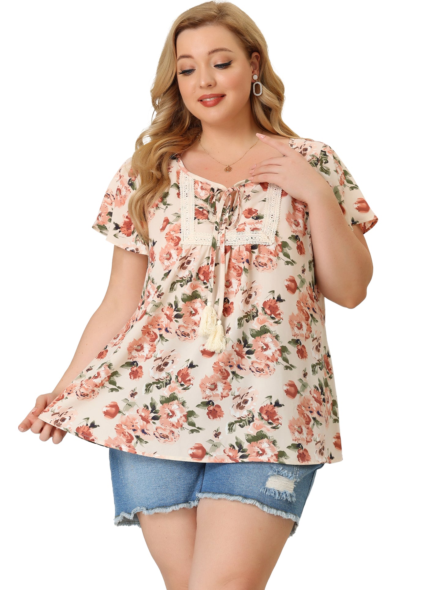 Women Plus Size Blouses Round Neck Short Sleeve Floral Top