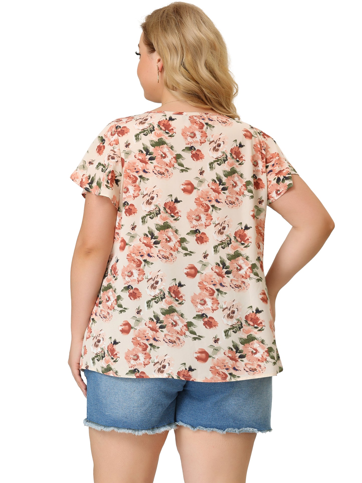 Women Plus Size Blouses Round Neck Short Sleeve Floral Top