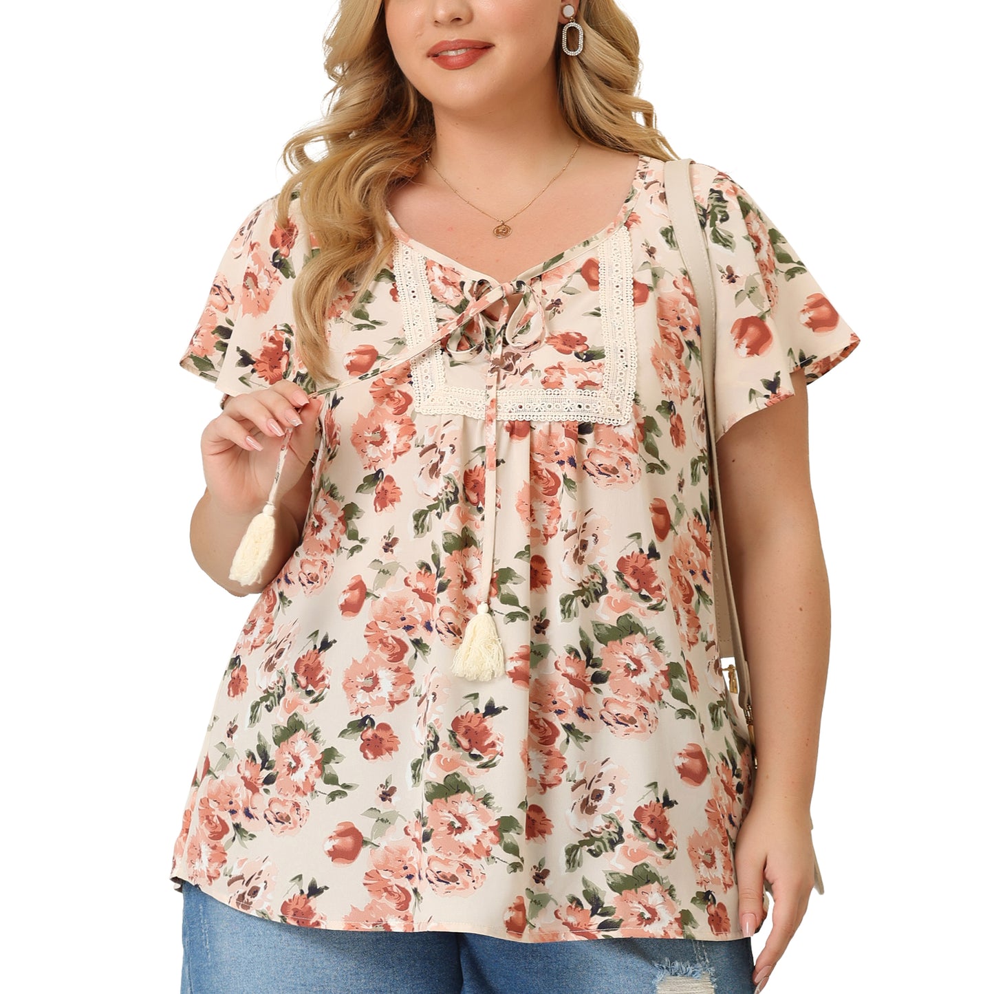 Women Plus Size Blouses Round Neck Short Sleeve Floral Top