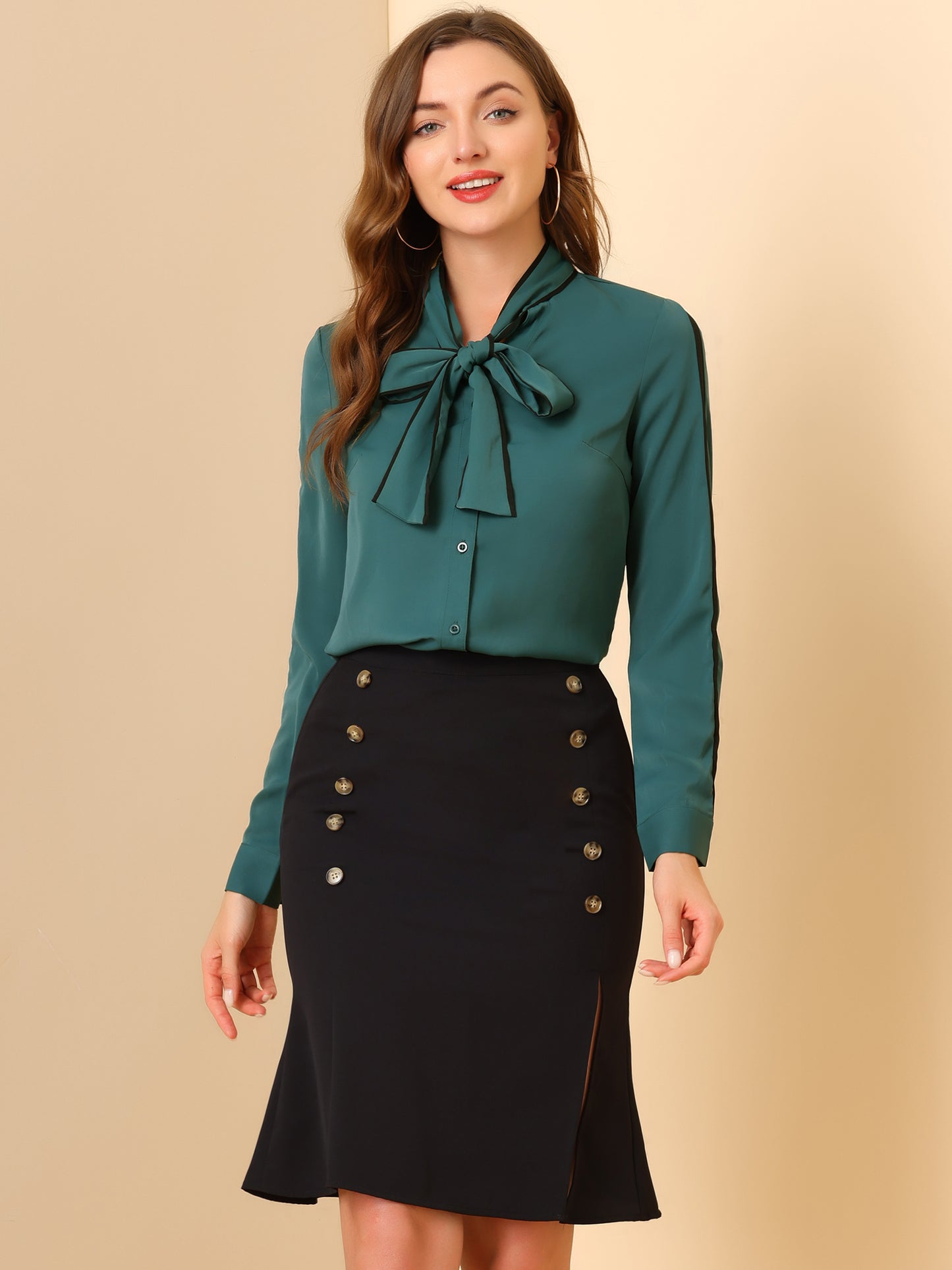 Women's Bow Tie Neck Contrast Trim Long Sleeves Elegant Button Down Shirt