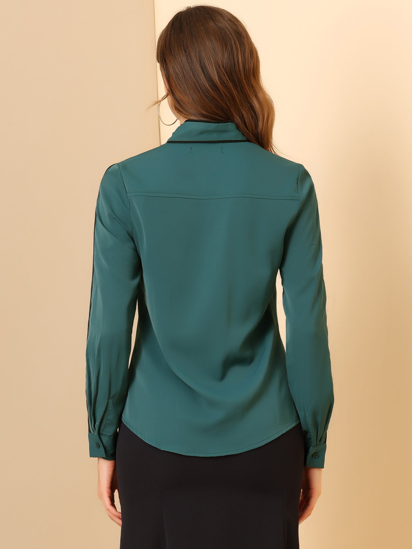 Women's Bow Tie Neck Contrast Trim Long Sleeves Elegant Button Down Shirt