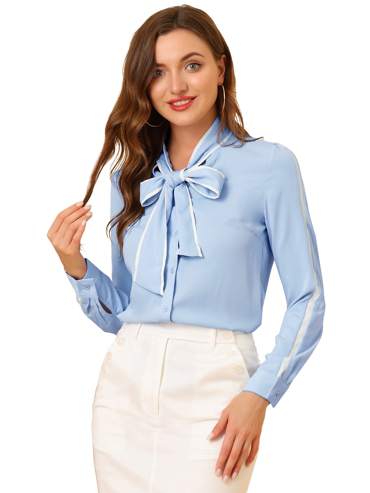 Women's Bow Tie Neck Contrast Trim Long Sleeves Elegant Button Down Shirt