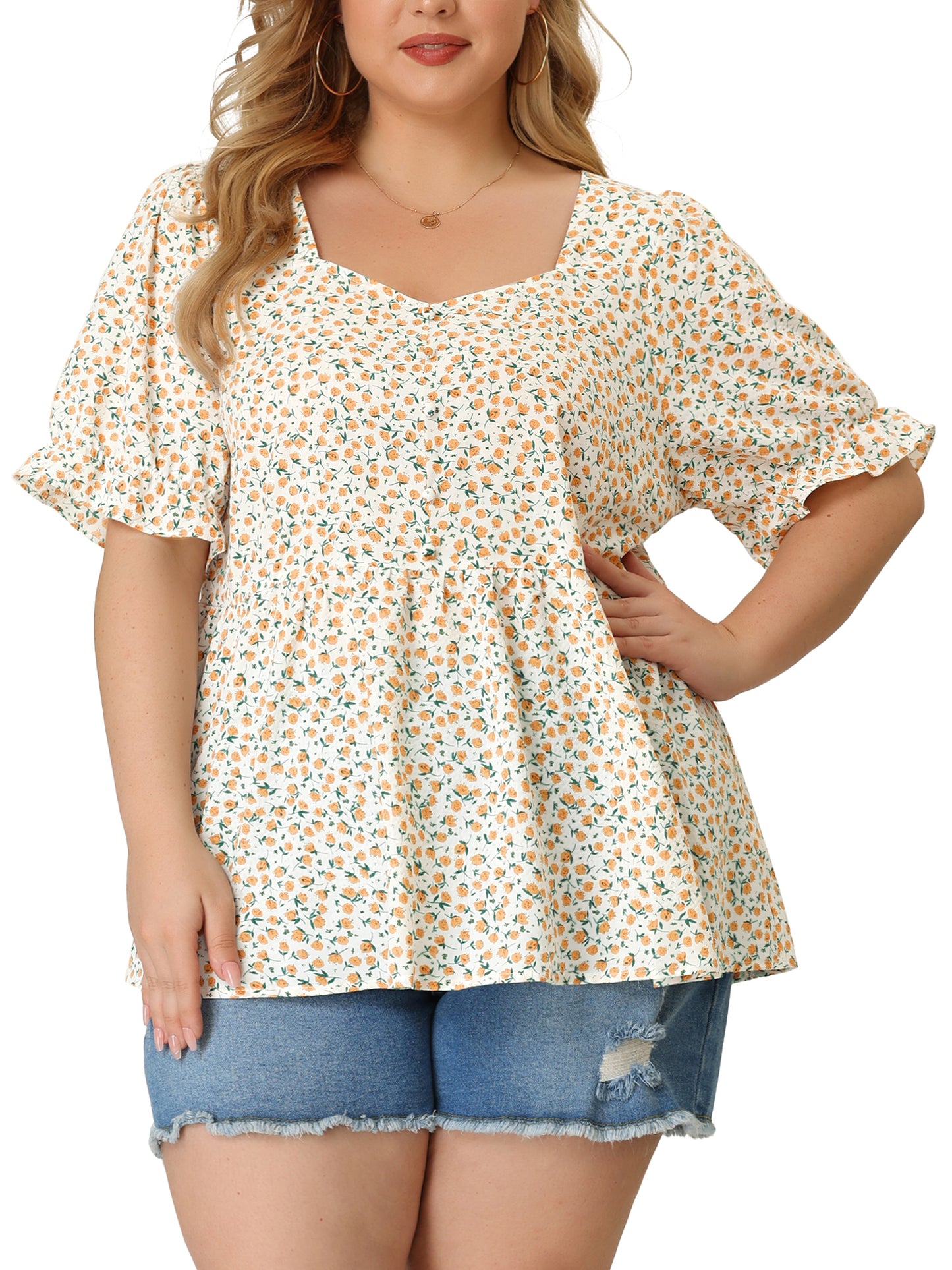 Women Plus Size Blouse Sweetheart Neck Floral Peplum Top