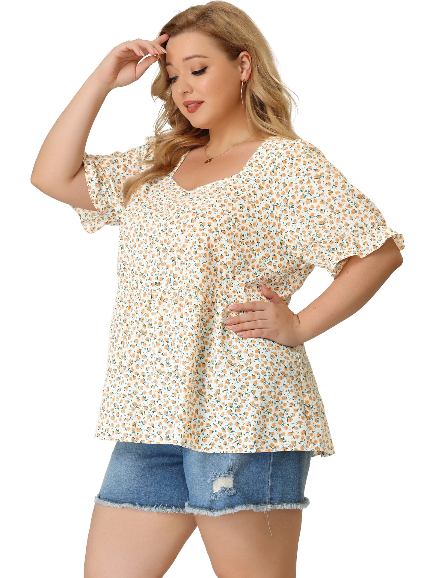 Women Plus Size Blouse Sweetheart Neck Floral Peplum Top