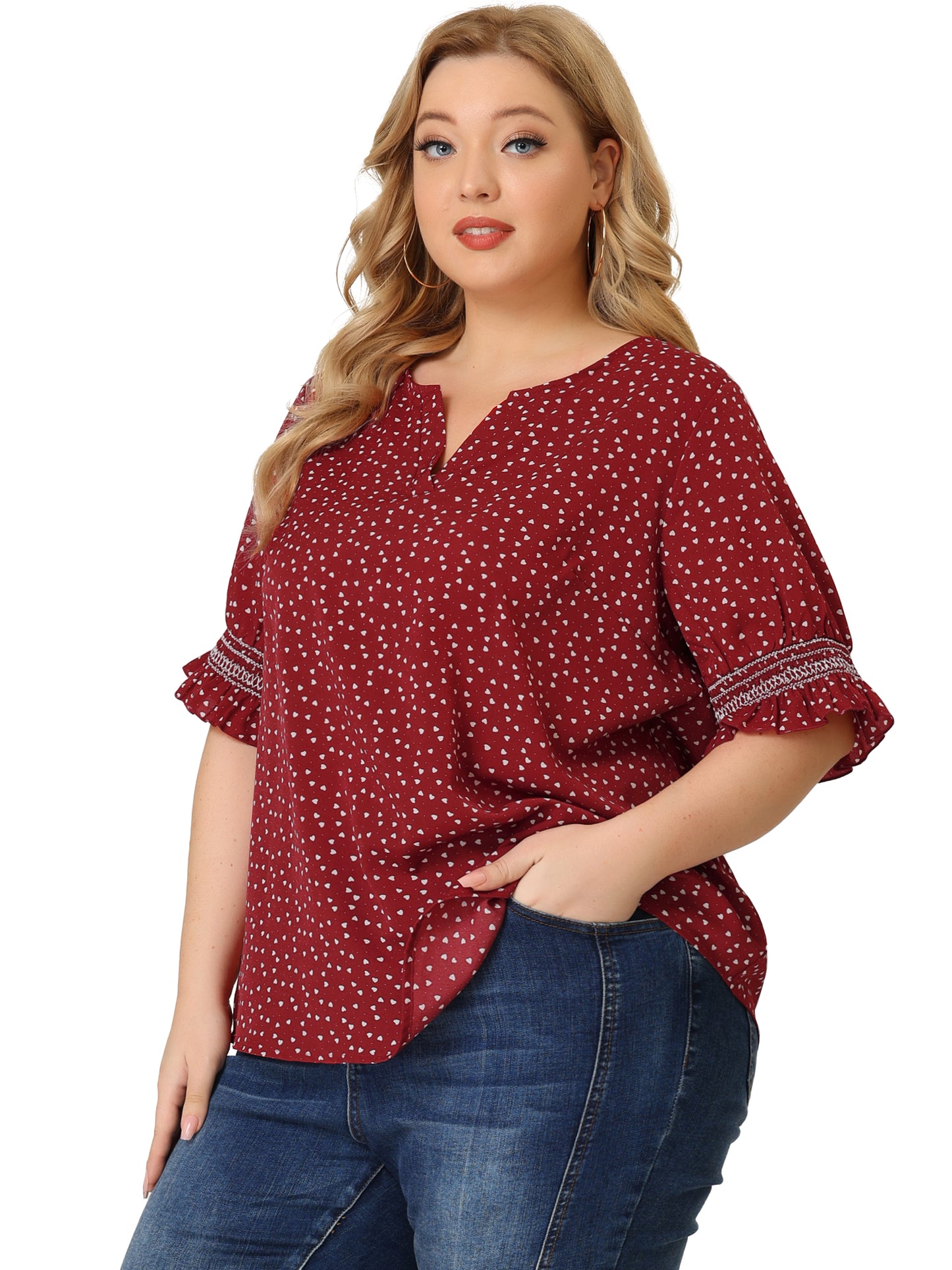 Women's Plus Size Blouse Pin Dots Smocked Floral Boho Blouse