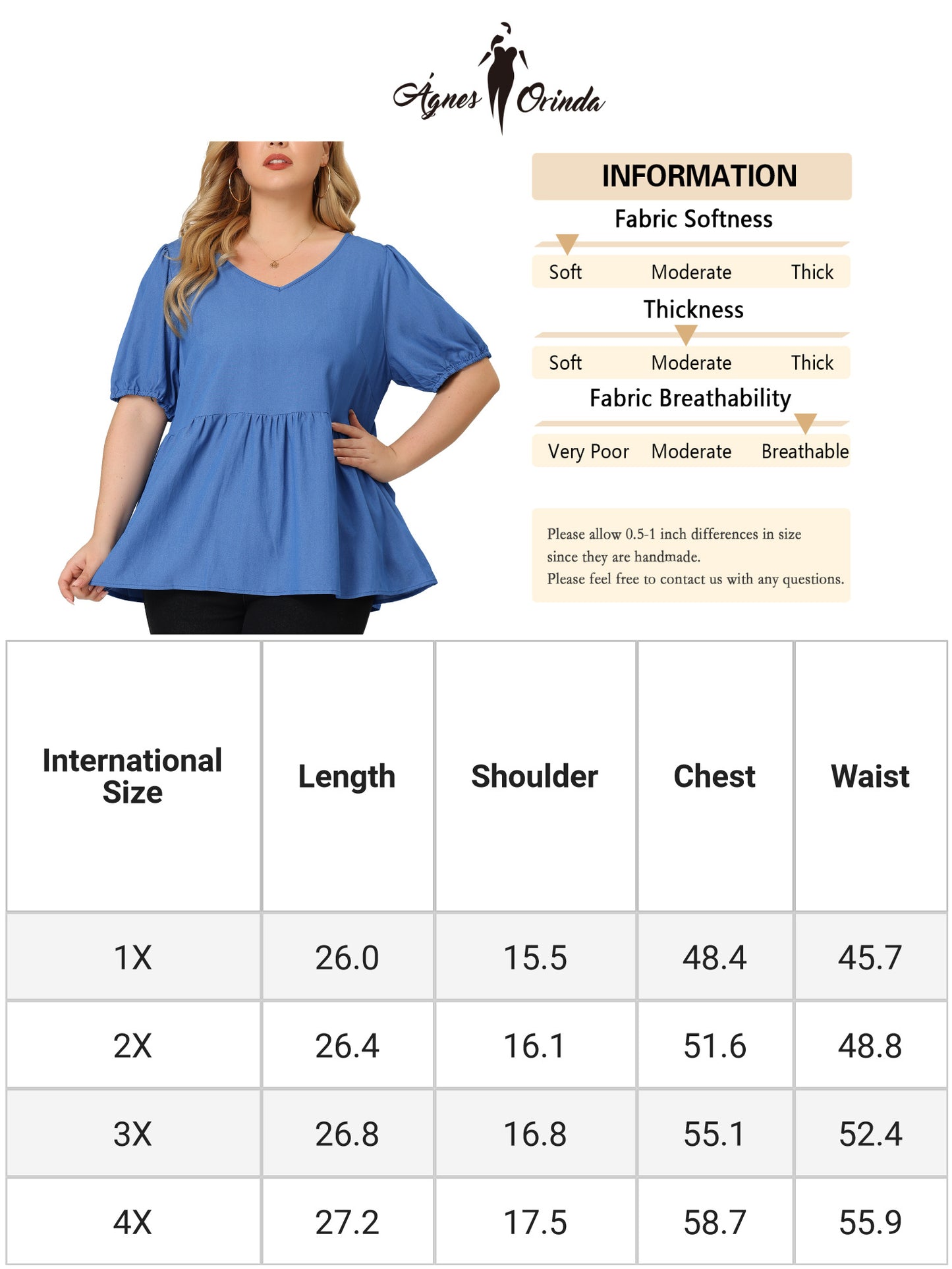 Blusa de verano de talla grande para mujer, manga corta abullonada, cambray