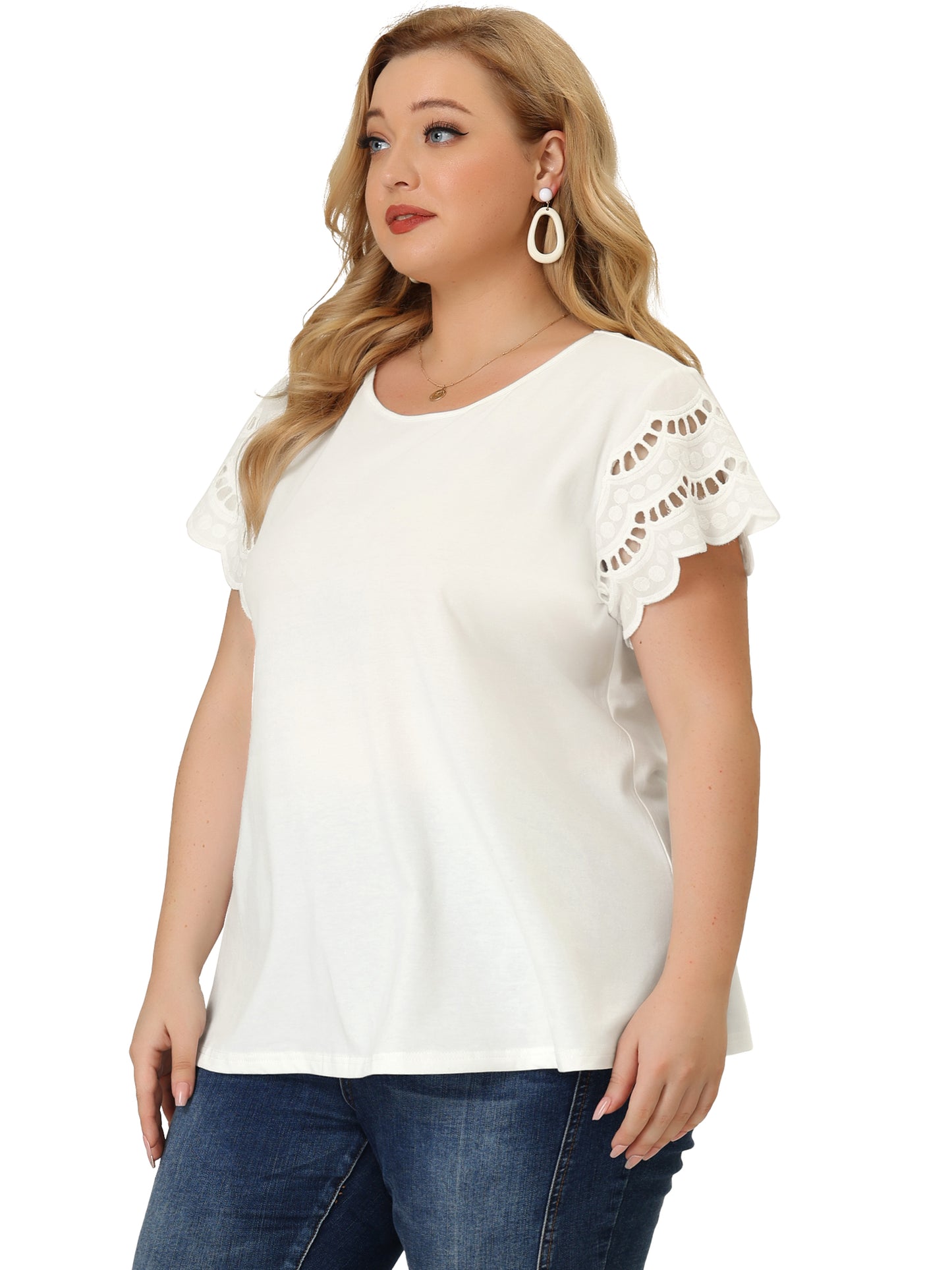 Women's Plus Size Top Round Neck Lace Panel Hollow Short Sleeve Elegant Summer Blouse