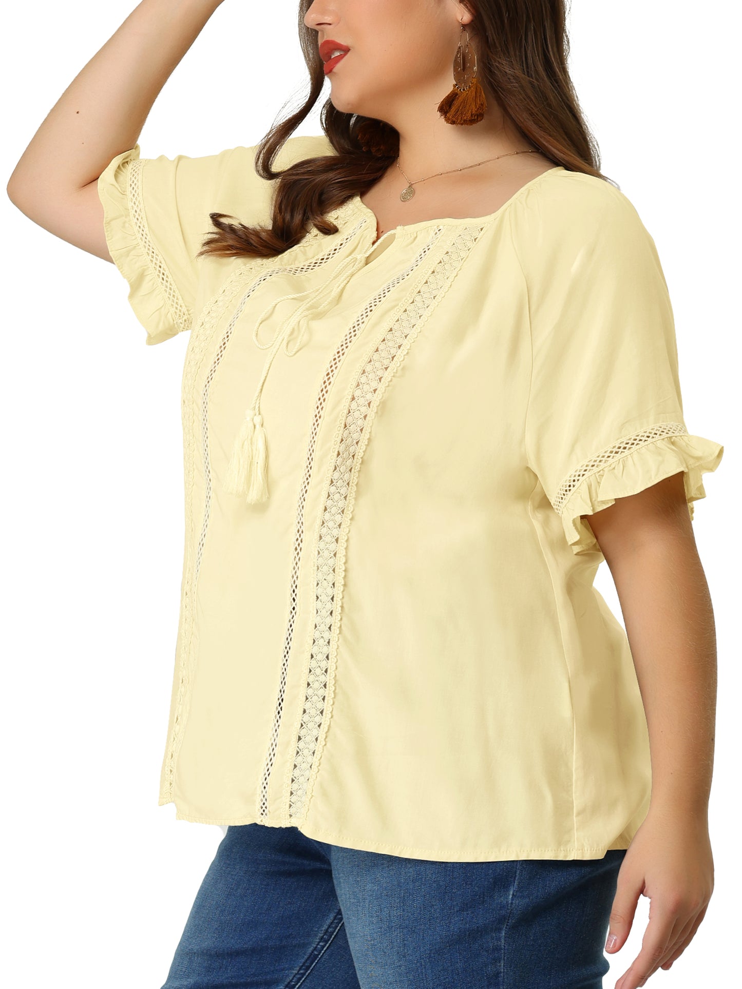 Women Plus Size Blouse Tie Neck Ruffle Short Sleeve Summer Lace Crochet Top