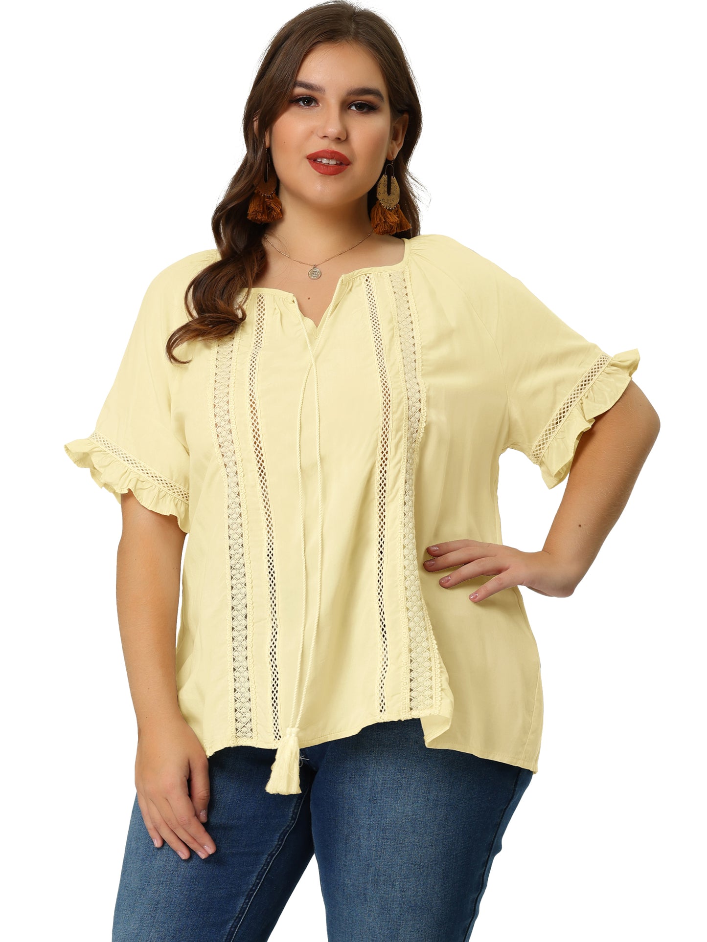 Women Plus Size Blouse Tie Neck Ruffle Short Sleeve Summer Lace Crochet Top