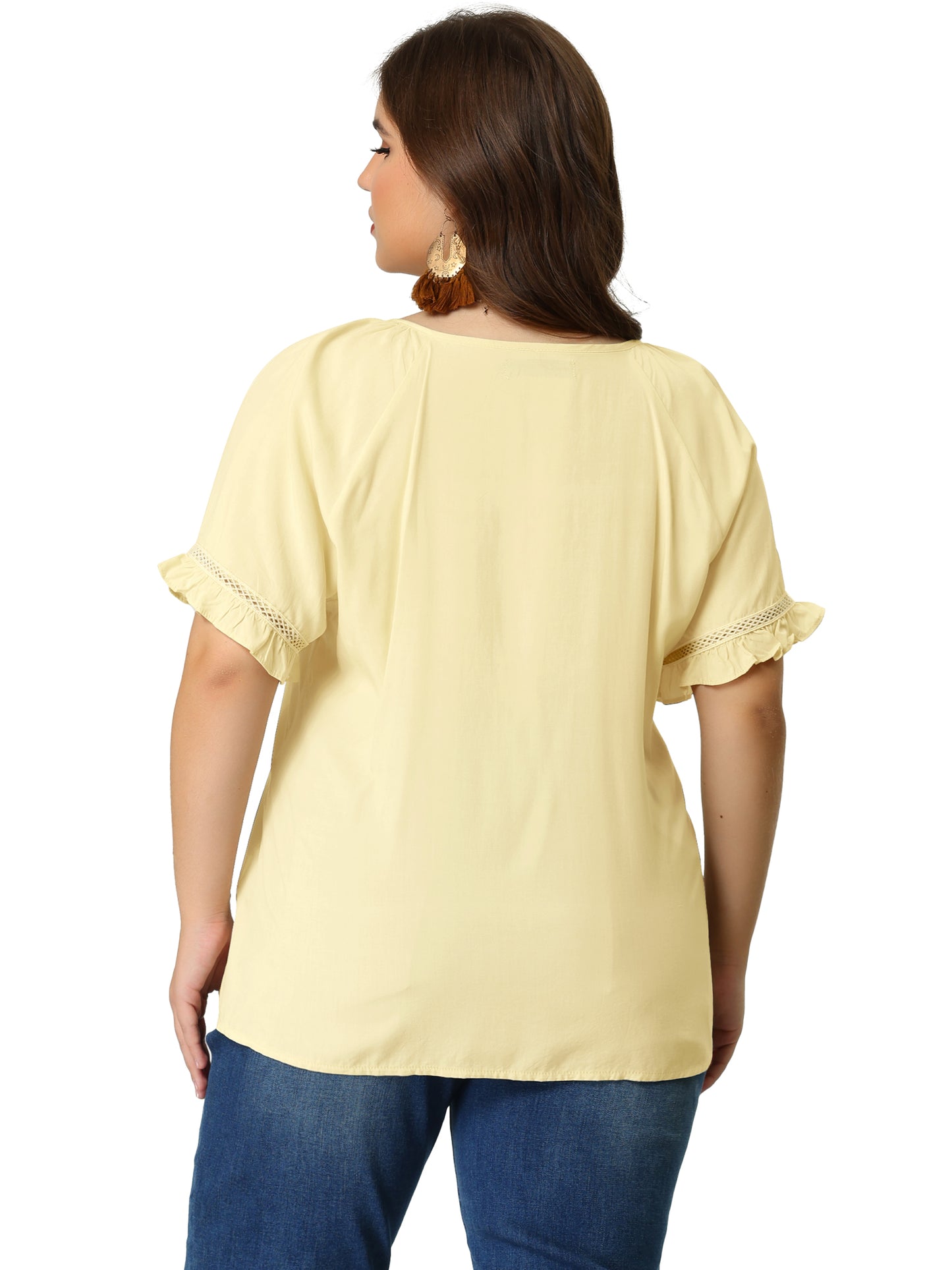 Women Plus Size Blouse Tie Neck Ruffle Short Sleeve Summer Lace Crochet Top