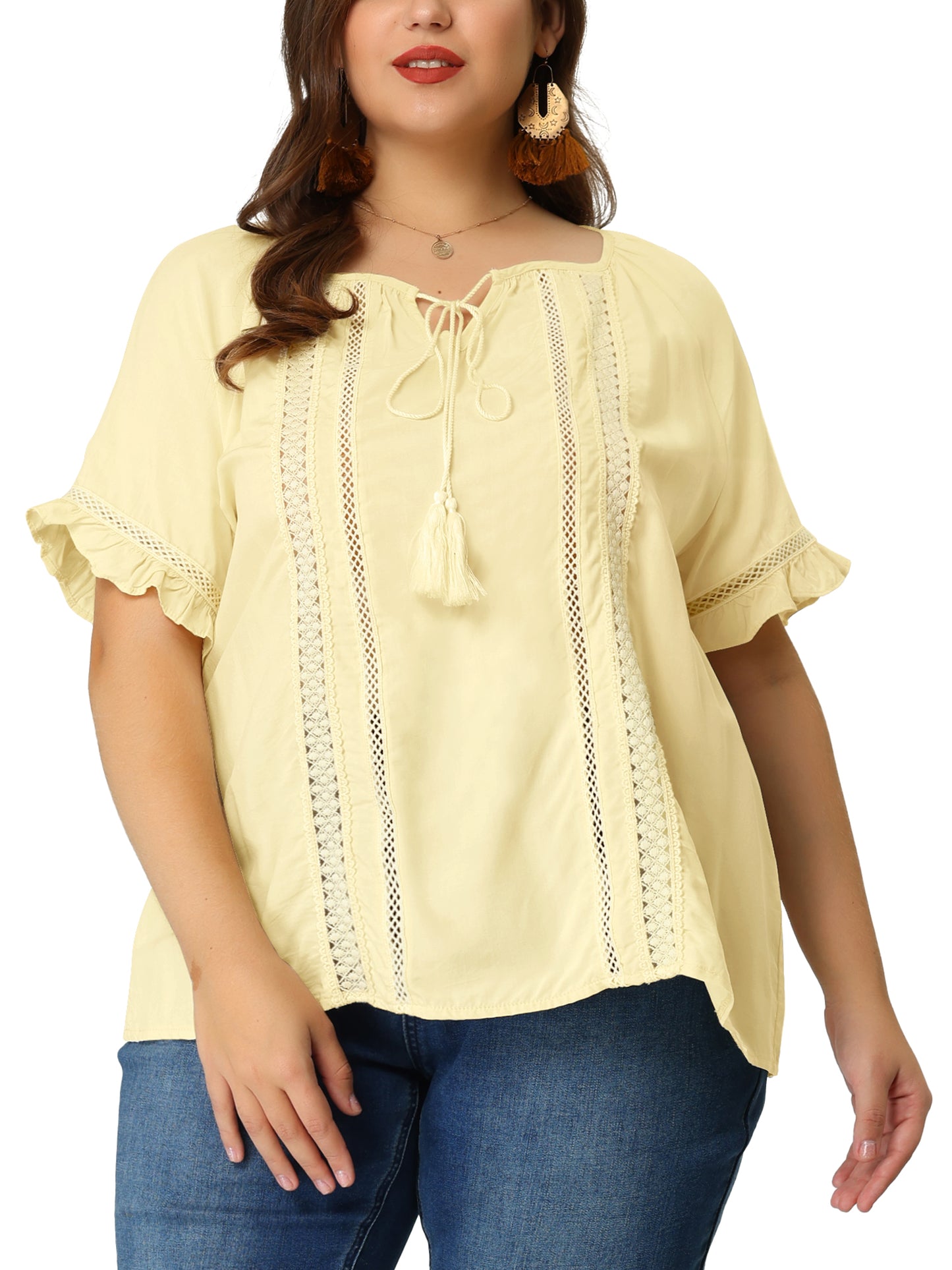 Women Plus Size Blouse Tie Neck Ruffle Short Sleeve Summer Lace Crochet Top