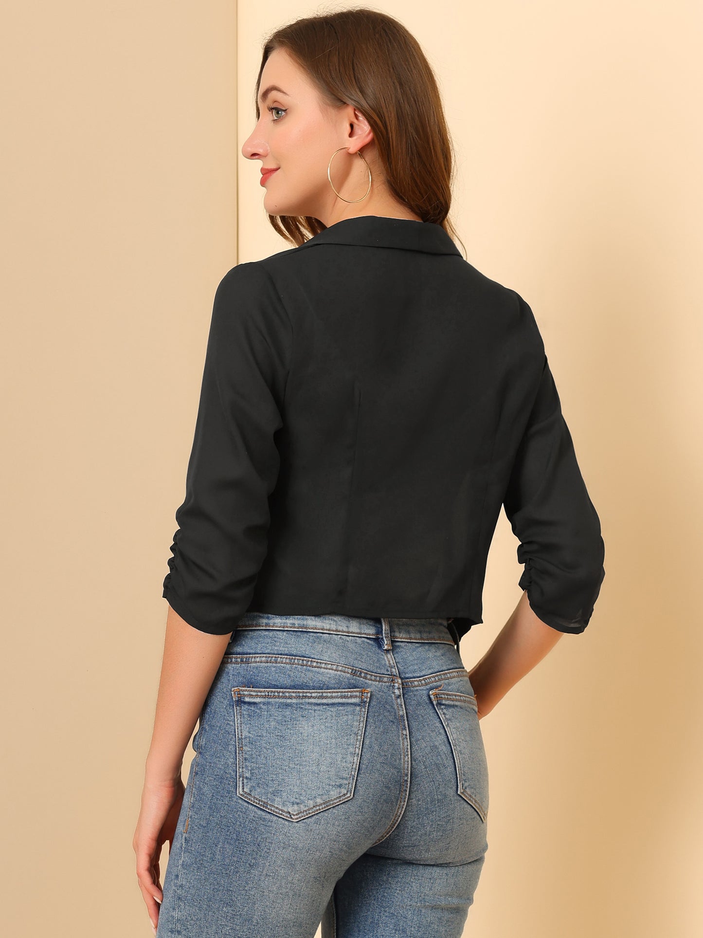 Chaqueta tipo bolero de gasa de verano para mujer, con mangas fruncidas 3/4 y solapa chal, fina, ligera y abierta al frente.