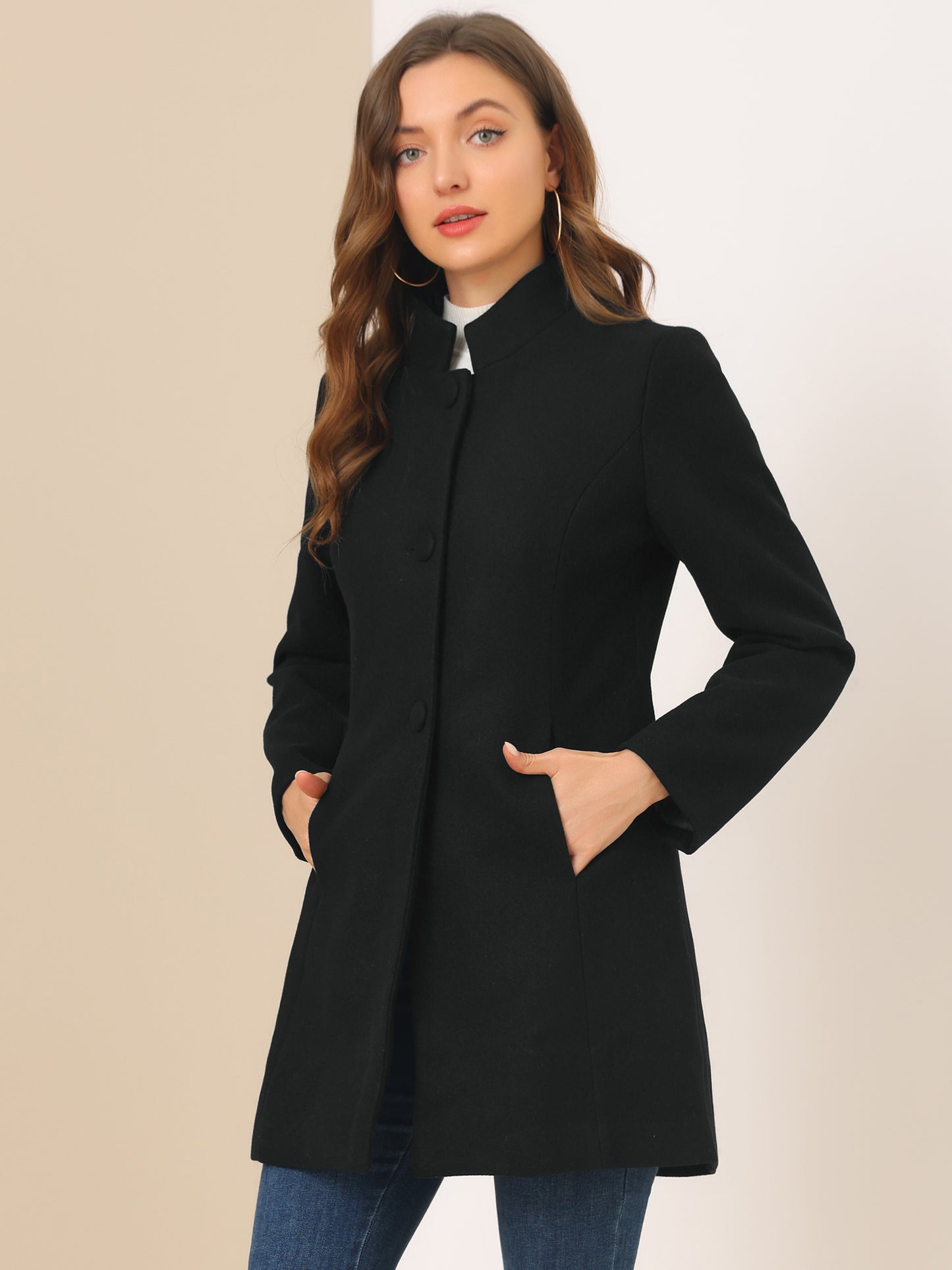 Women's Winter Overcoat Mid-Long Stand Collar Single Breasted Coat Outerwear, Deep Colors
