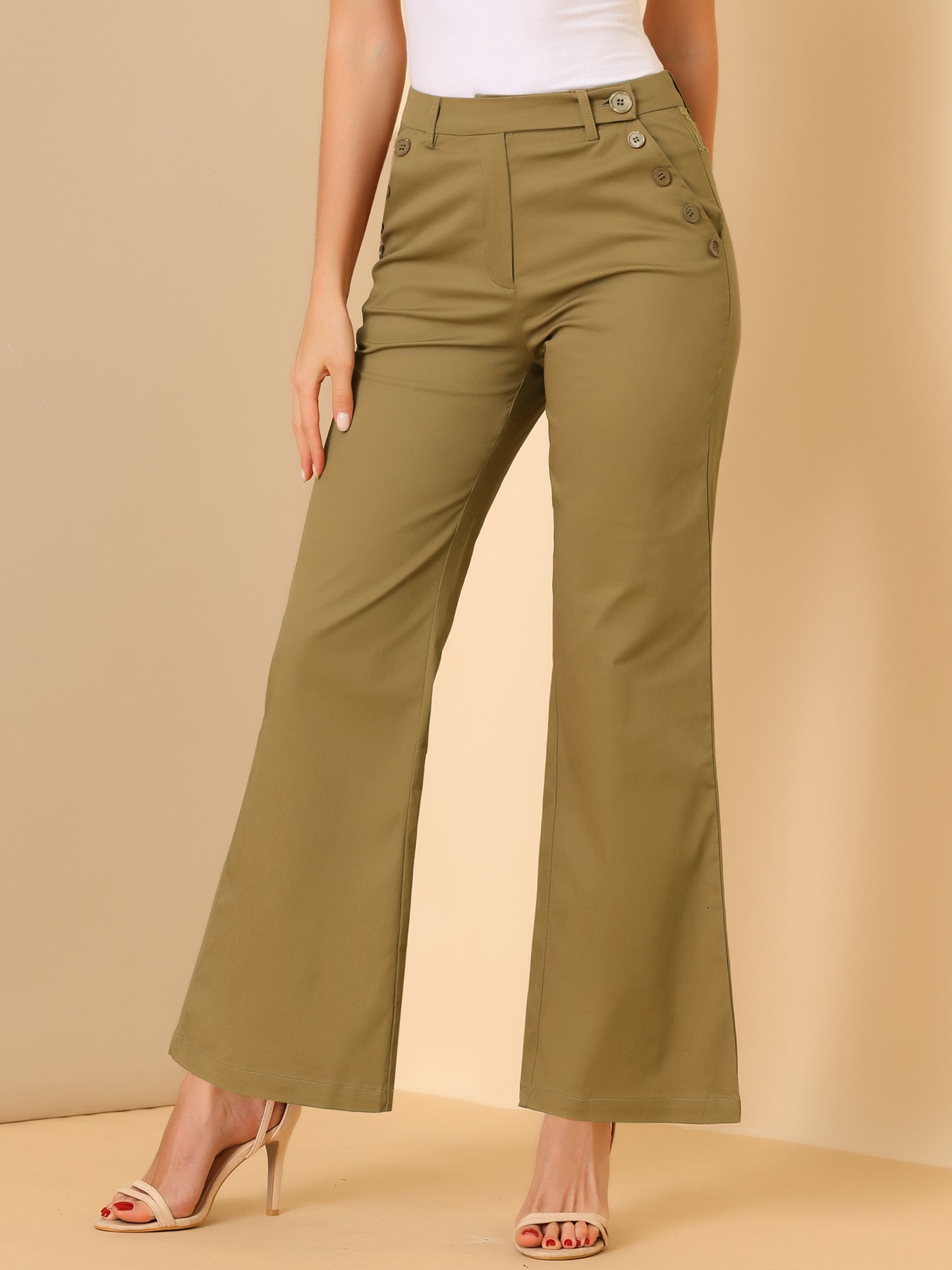 Women's Bell Bottom Long Pants High Waist Elegant Work Trousers