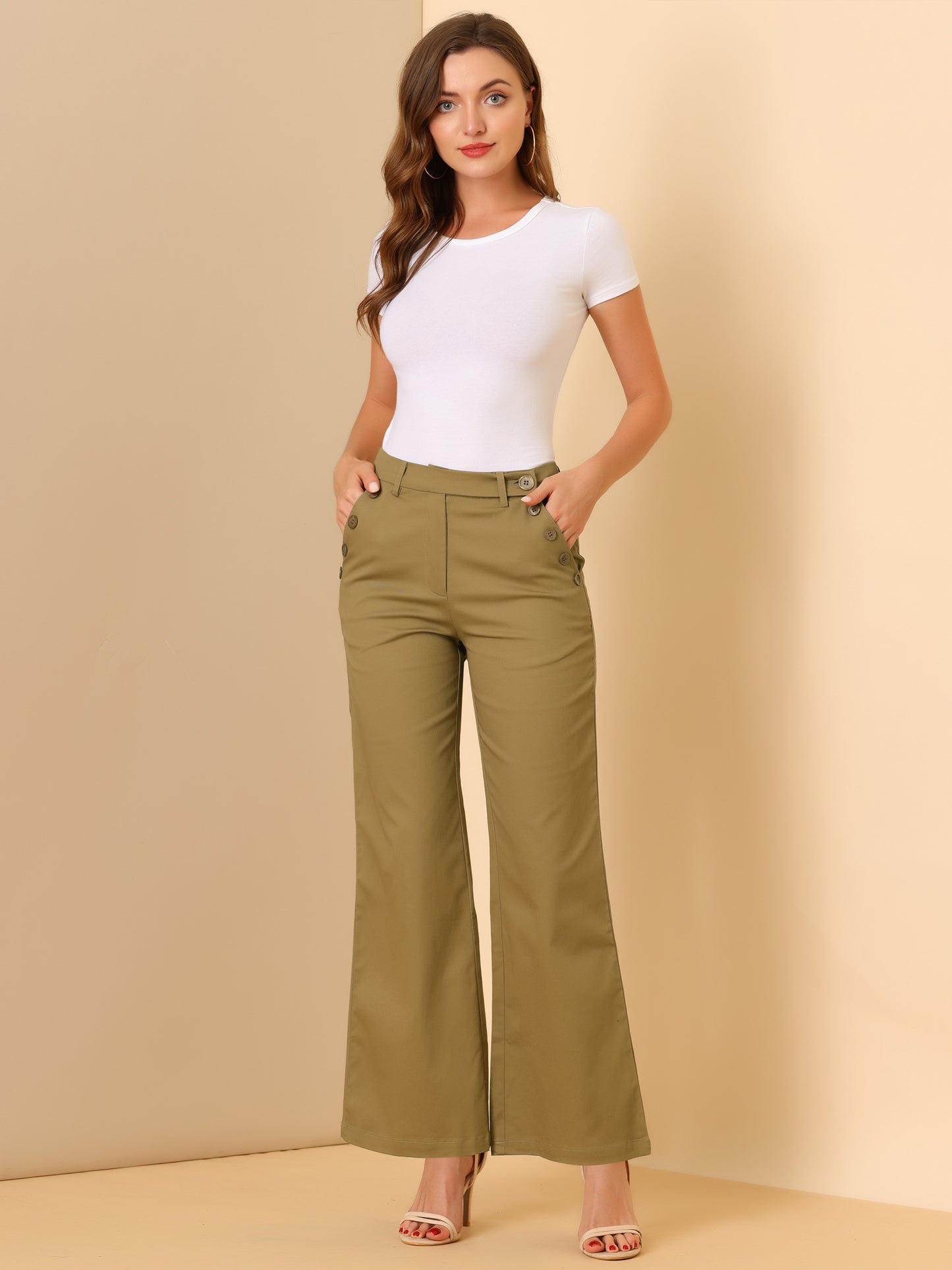 Women's Bell Bottom Long Pants High Waist Elegant Work Trousers