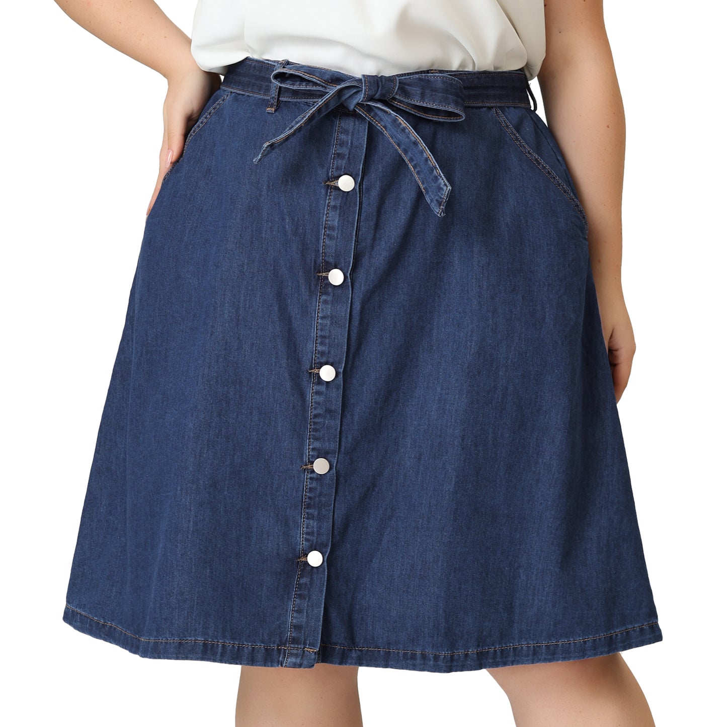 Women's Plus Size Denim Skirts Tie Waist A-Line with Pockets Midi Summer Jeans Skirt