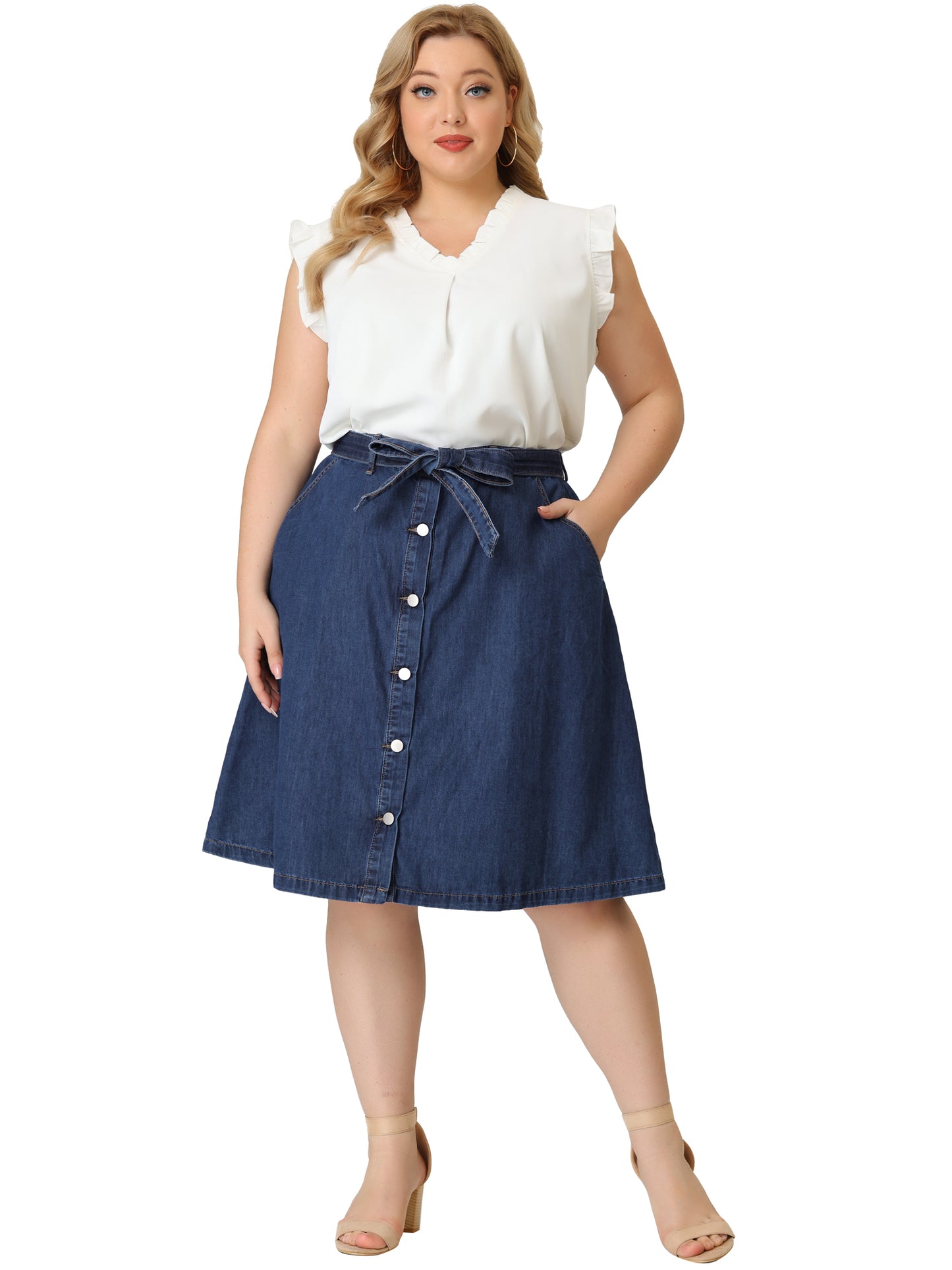 Women's Plus Size Denim Skirts Tie Waist A-Line with Pockets Midi Summer Jeans Skirt