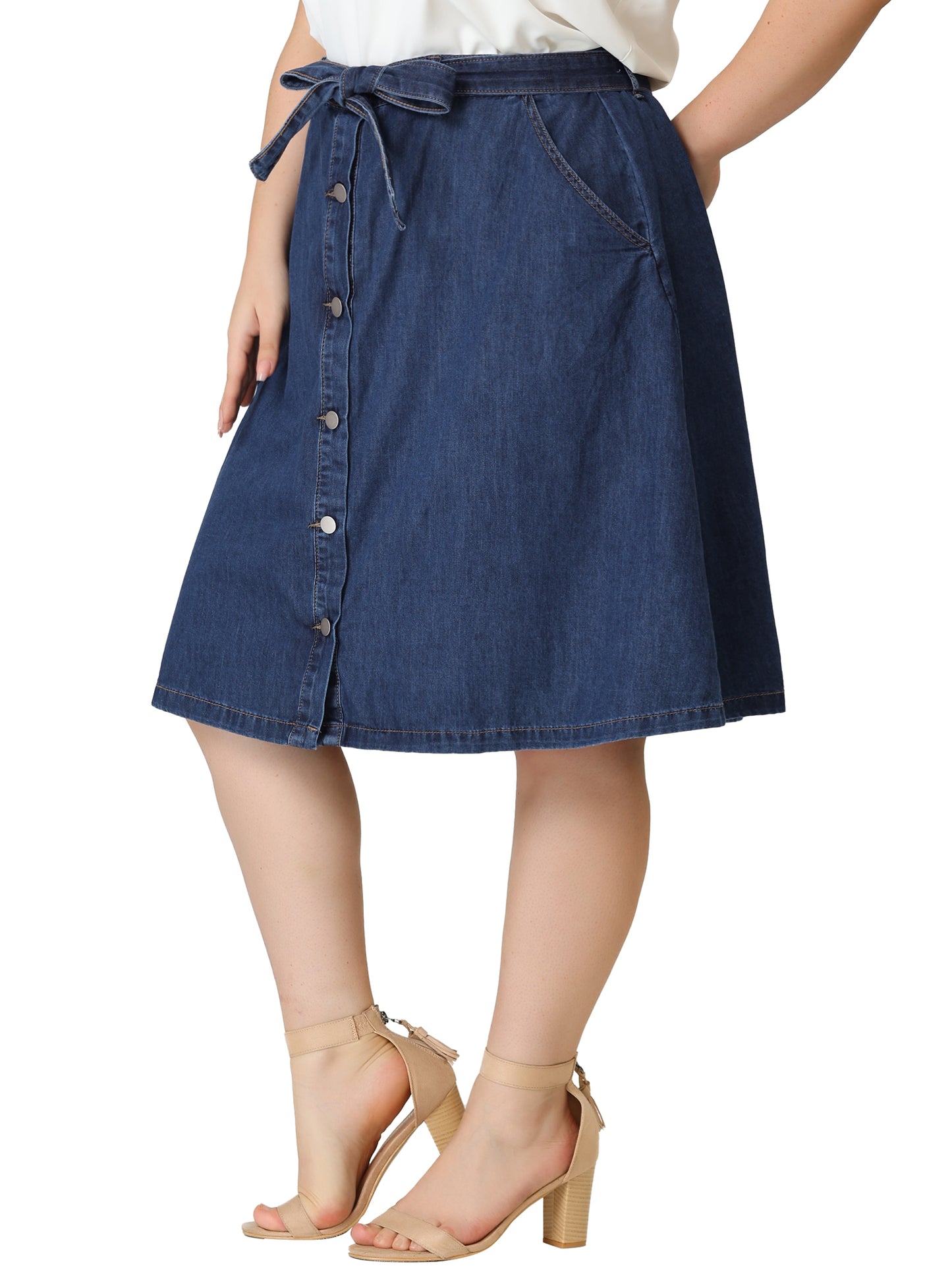 Women's Plus Size Denim Skirts Tie Waist A-Line with Pockets Midi Summer Jeans Skirt