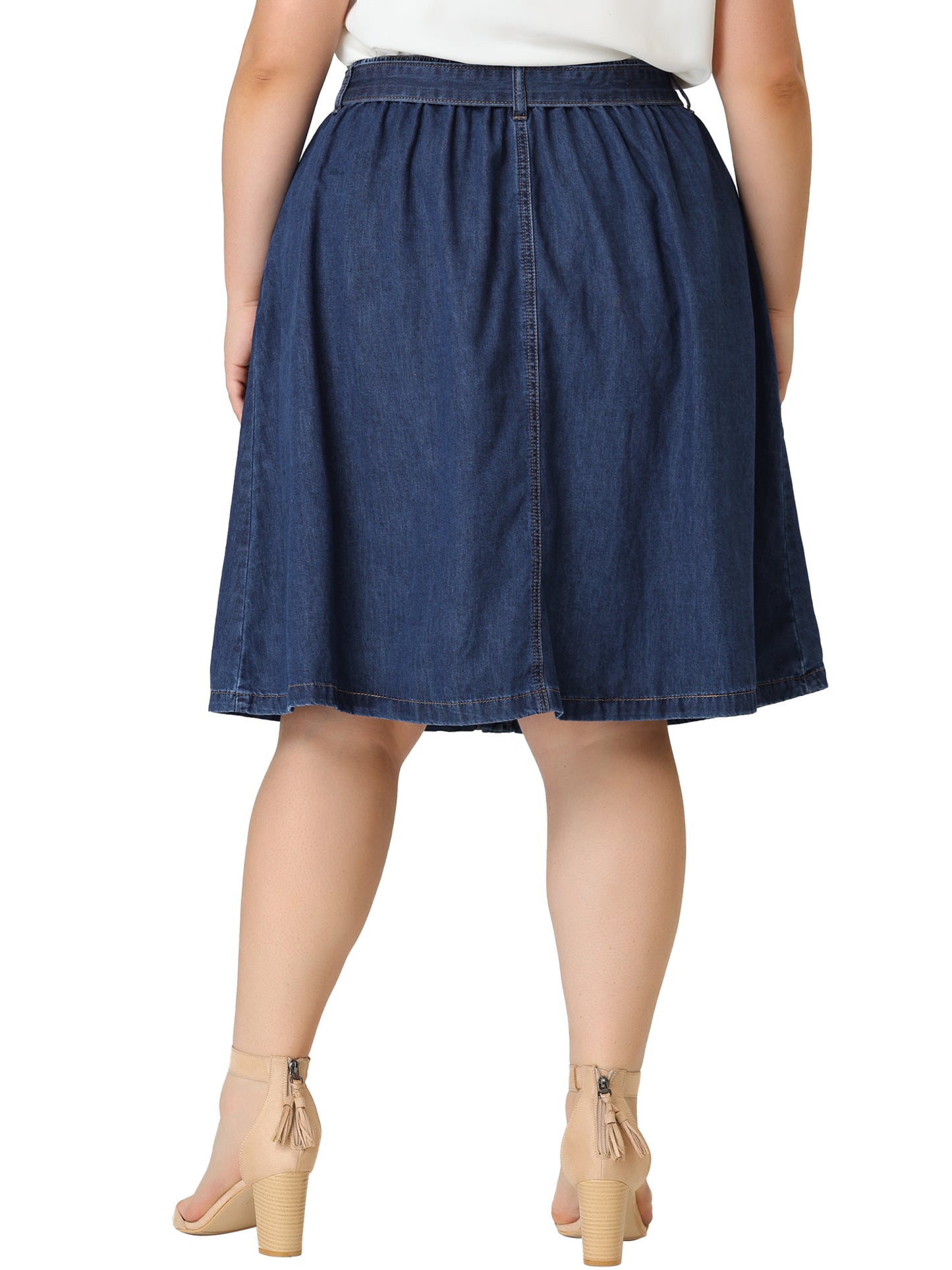 Women's Plus Size Denim Skirts Tie Waist A-Line with Pockets Midi Summer Jeans Skirt