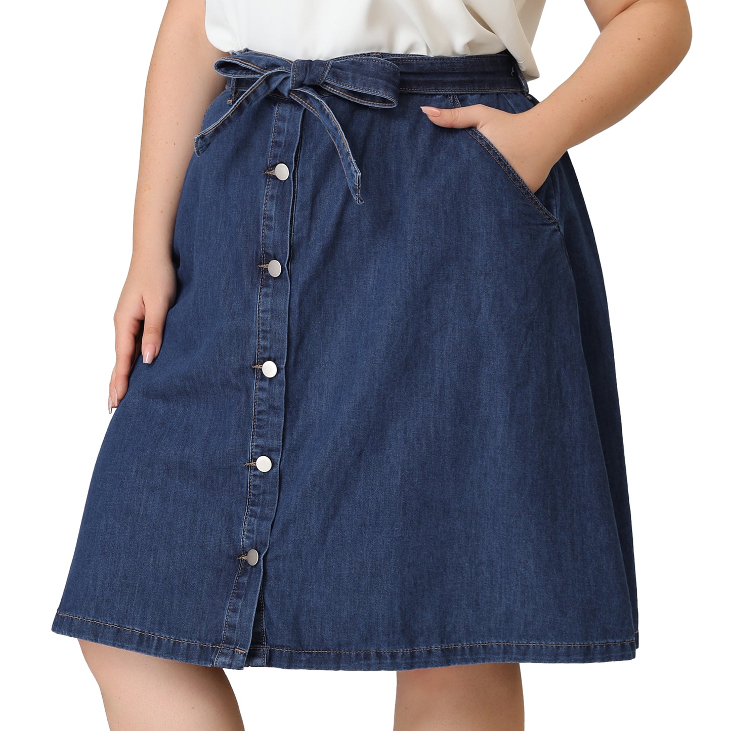 Women's Plus Size Denim Skirts Tie Waist A-Line with Pockets Midi Summer Jeans Skirt