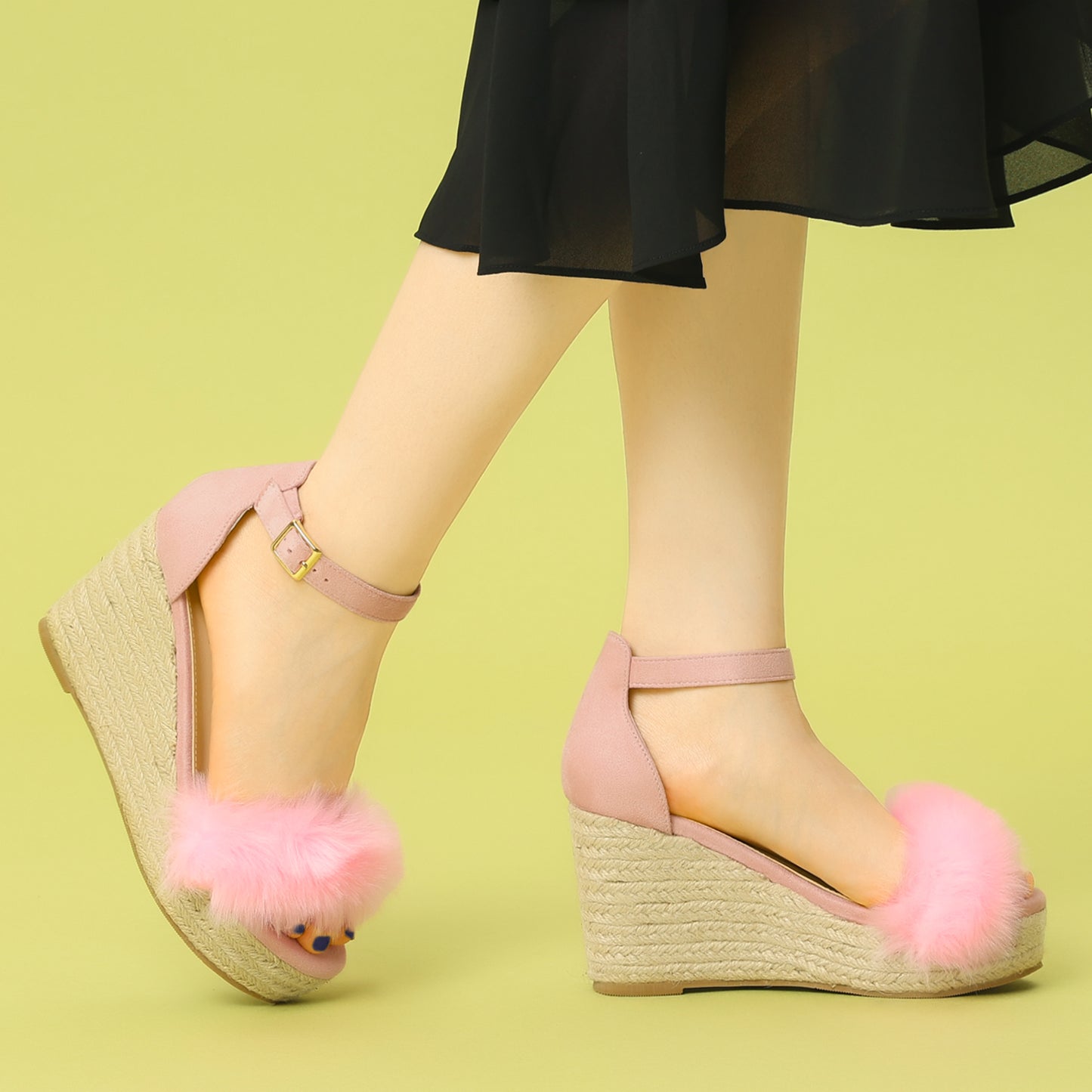 Women's Espadrille Platform Heels Faux Fur Wedge Sandals